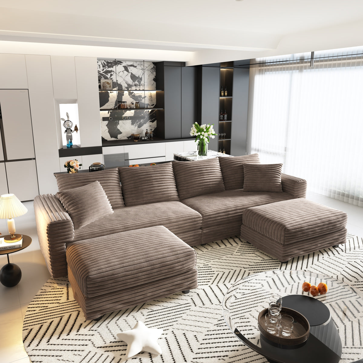 Camel Corduroy 4-Seat Couch with Ottoman, 102.4 in Wide, Two Ottomans