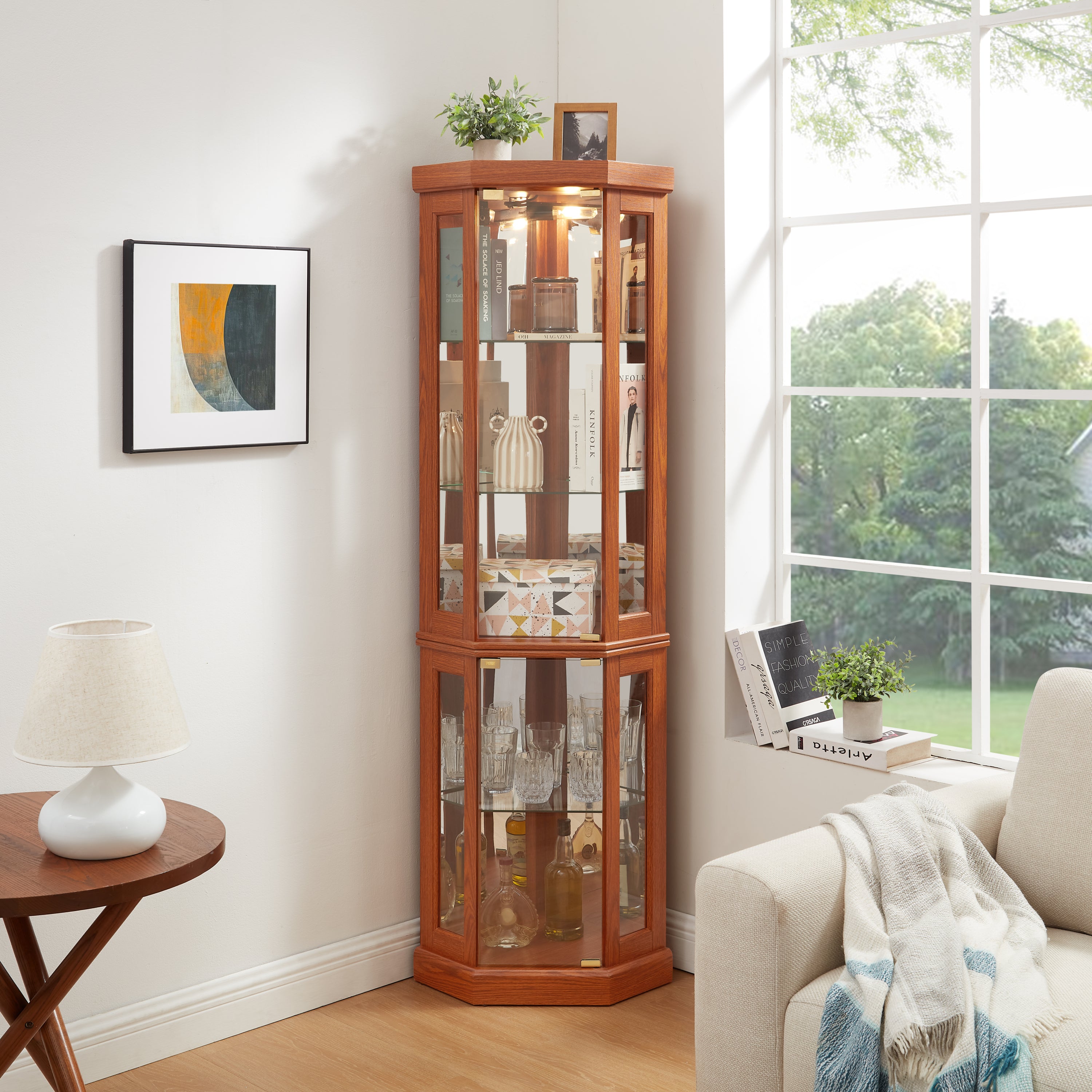 Lighted Corner Curio Cabinet, Dark Oak, Glass Display Case