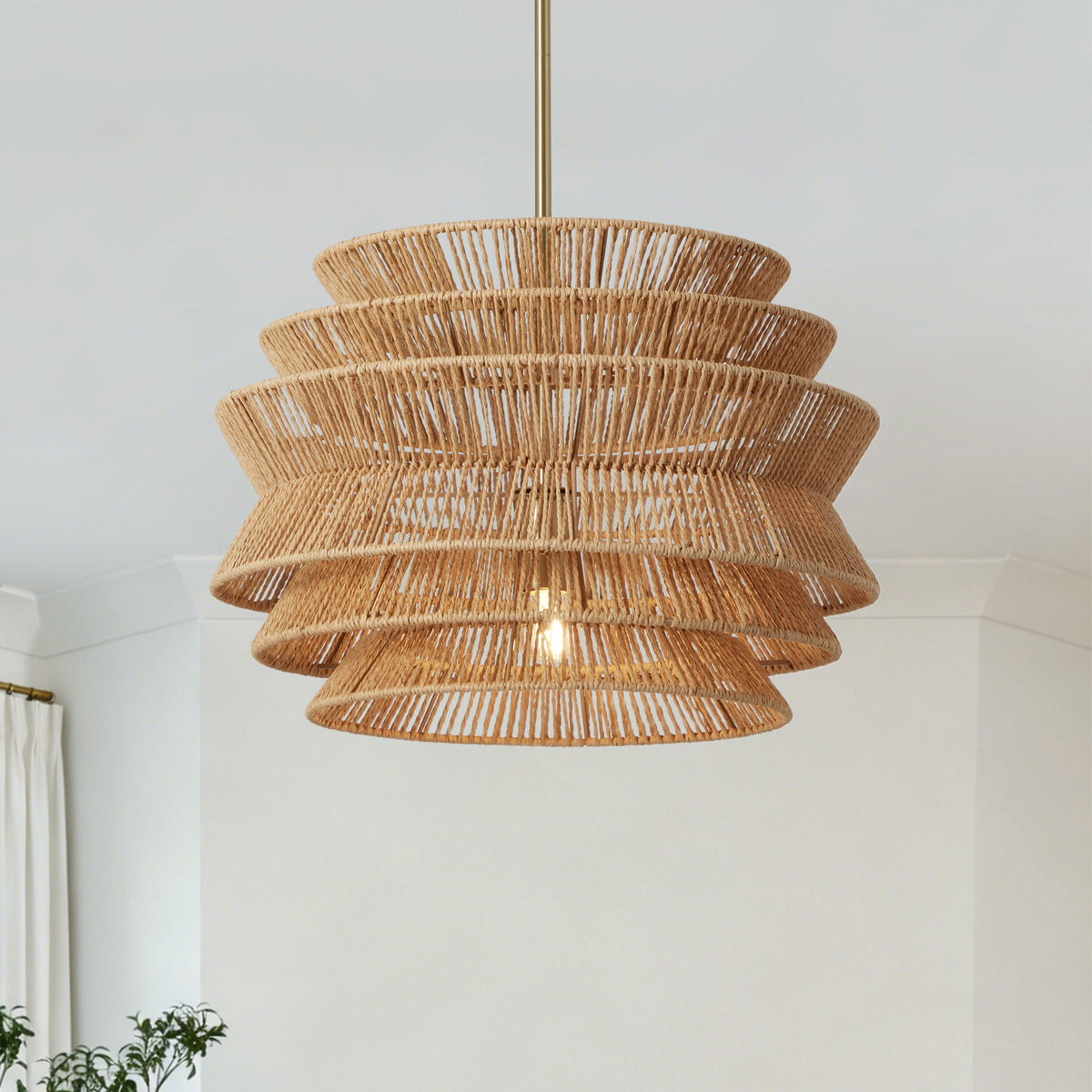 Brown Farmhouse Pendant Light, 17 in, Hand Woven Rattan Shade