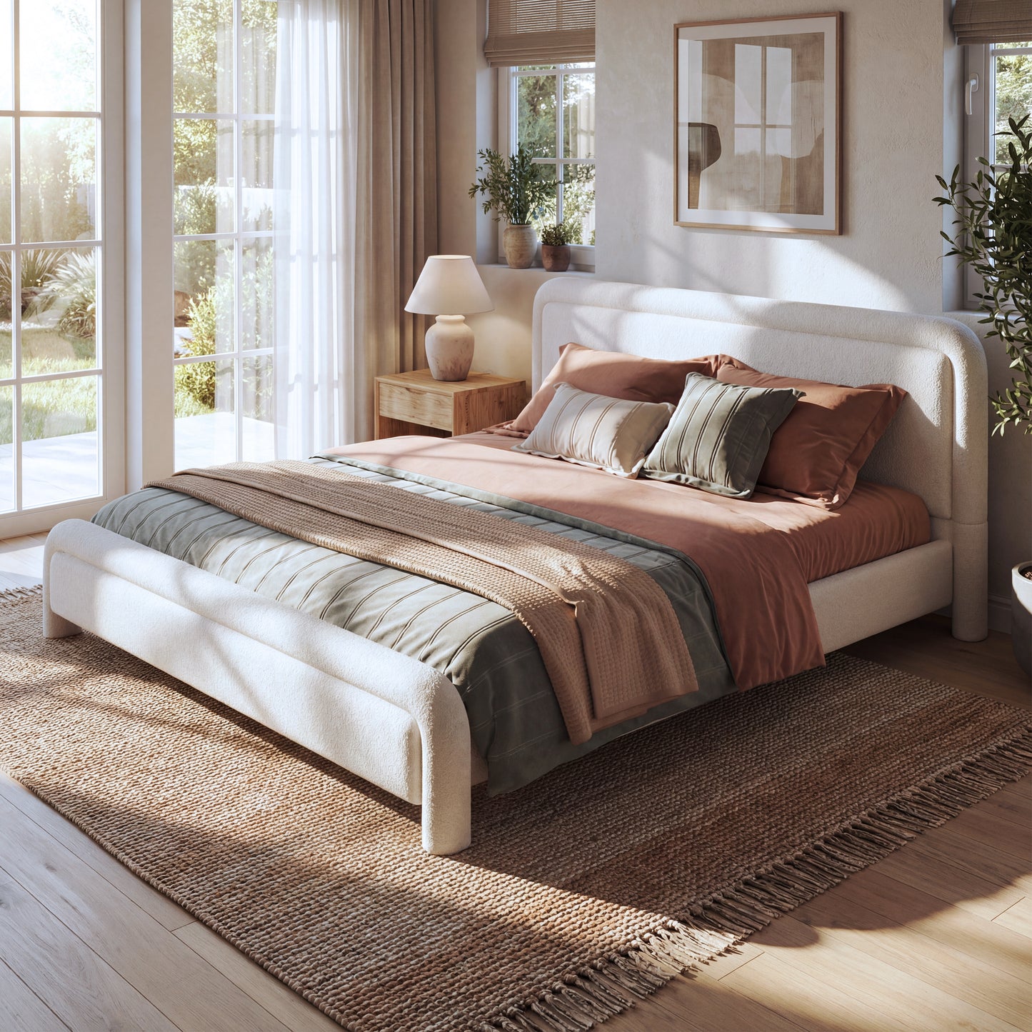 White boucle king bed frame in bedroom with terracotta and sage bedding