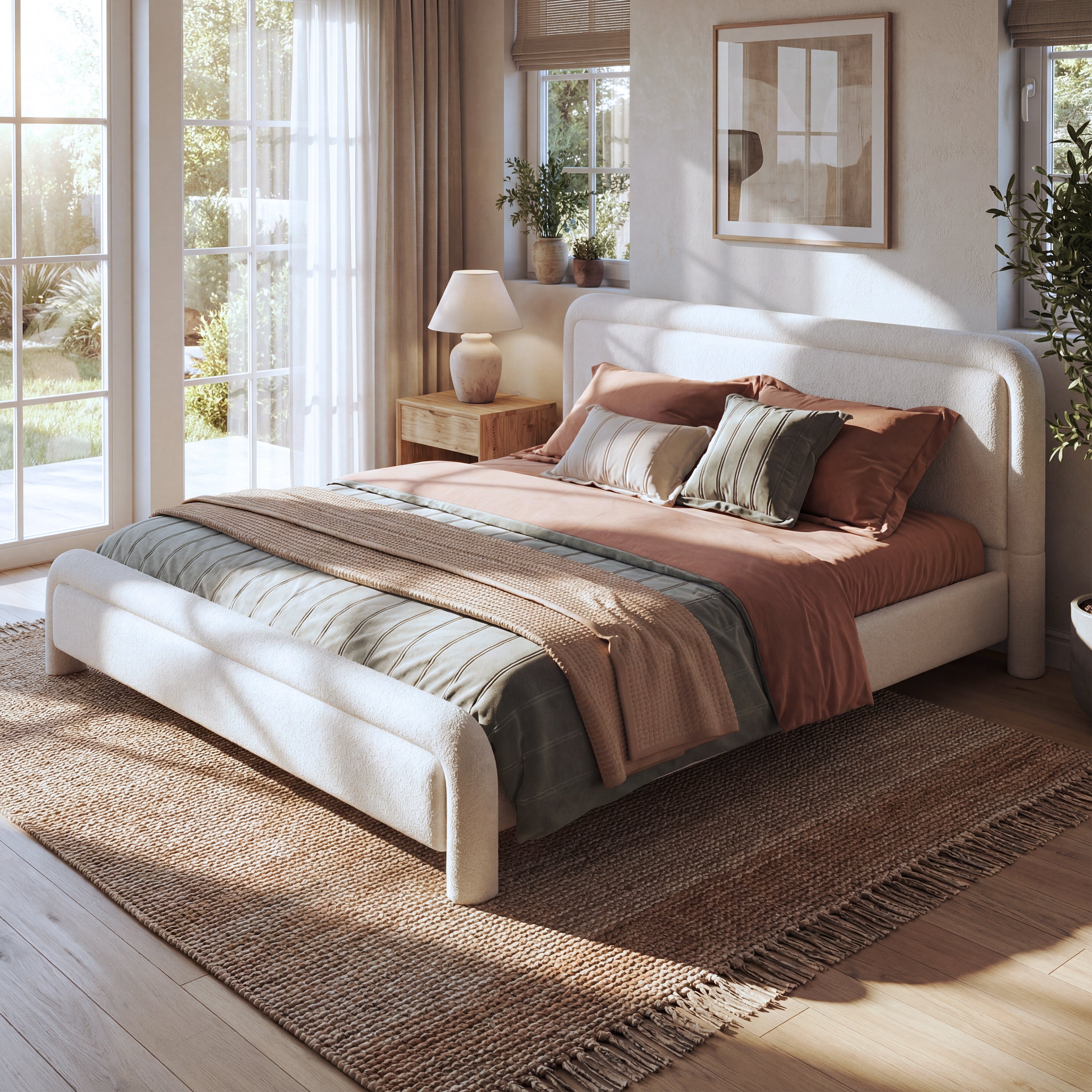 White boucle king bed frame in bedroom with terracotta and sage bedding