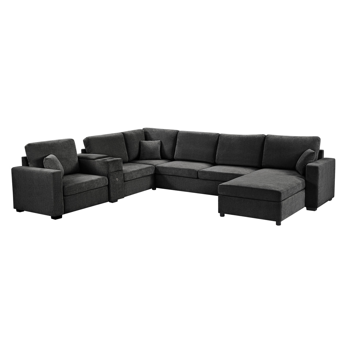 Black Chenille U-Shaped Modular Sectional Couch, 134.3 in Wide