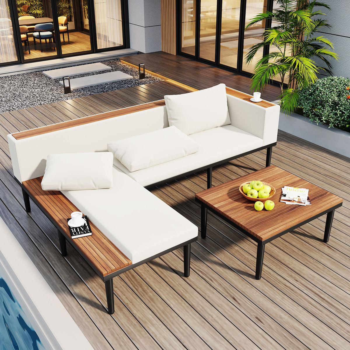 Solid Wood Outdoor Sofa Set for 6 with Beige Cushions