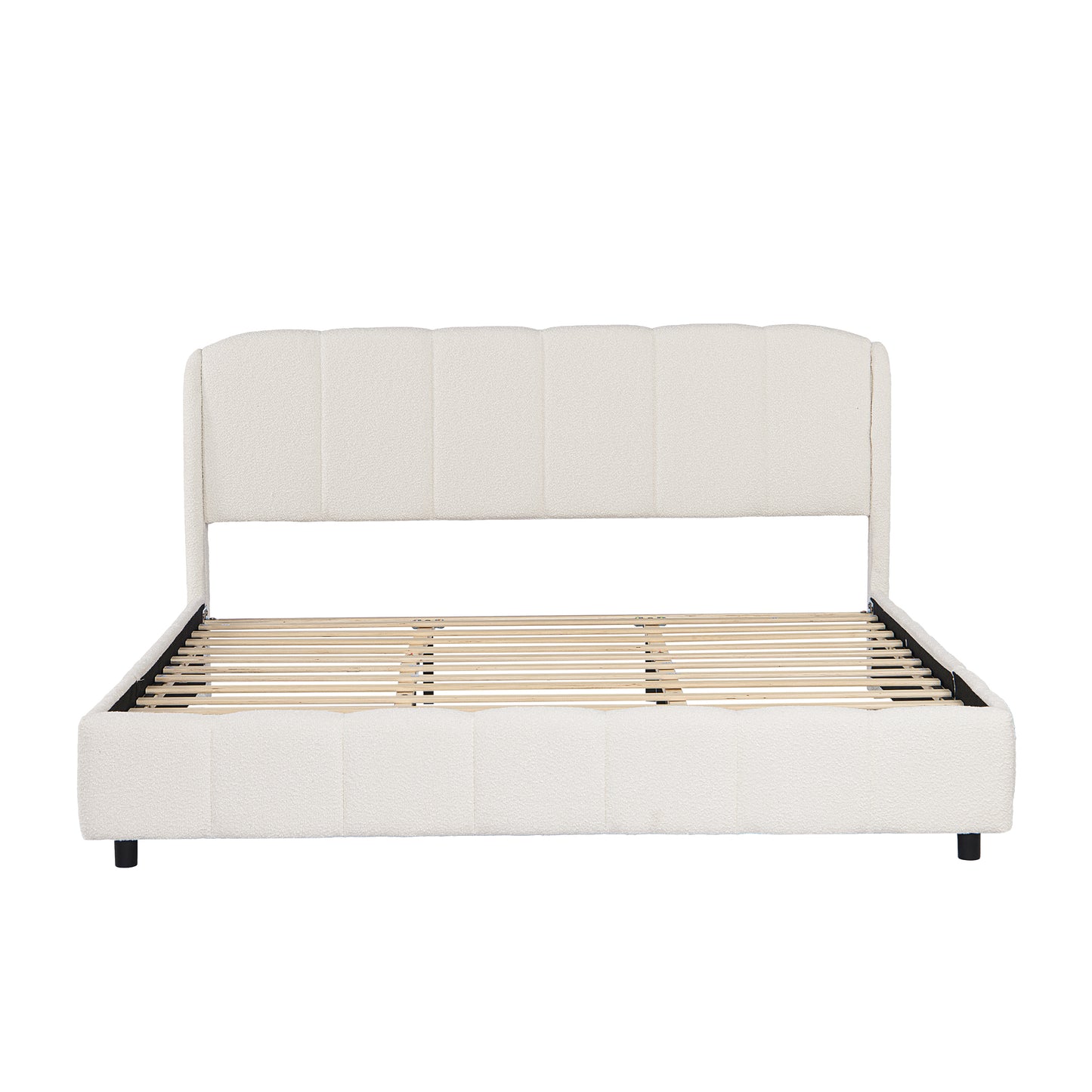 Side profile of beige bouclé king platform bed showing headboard height