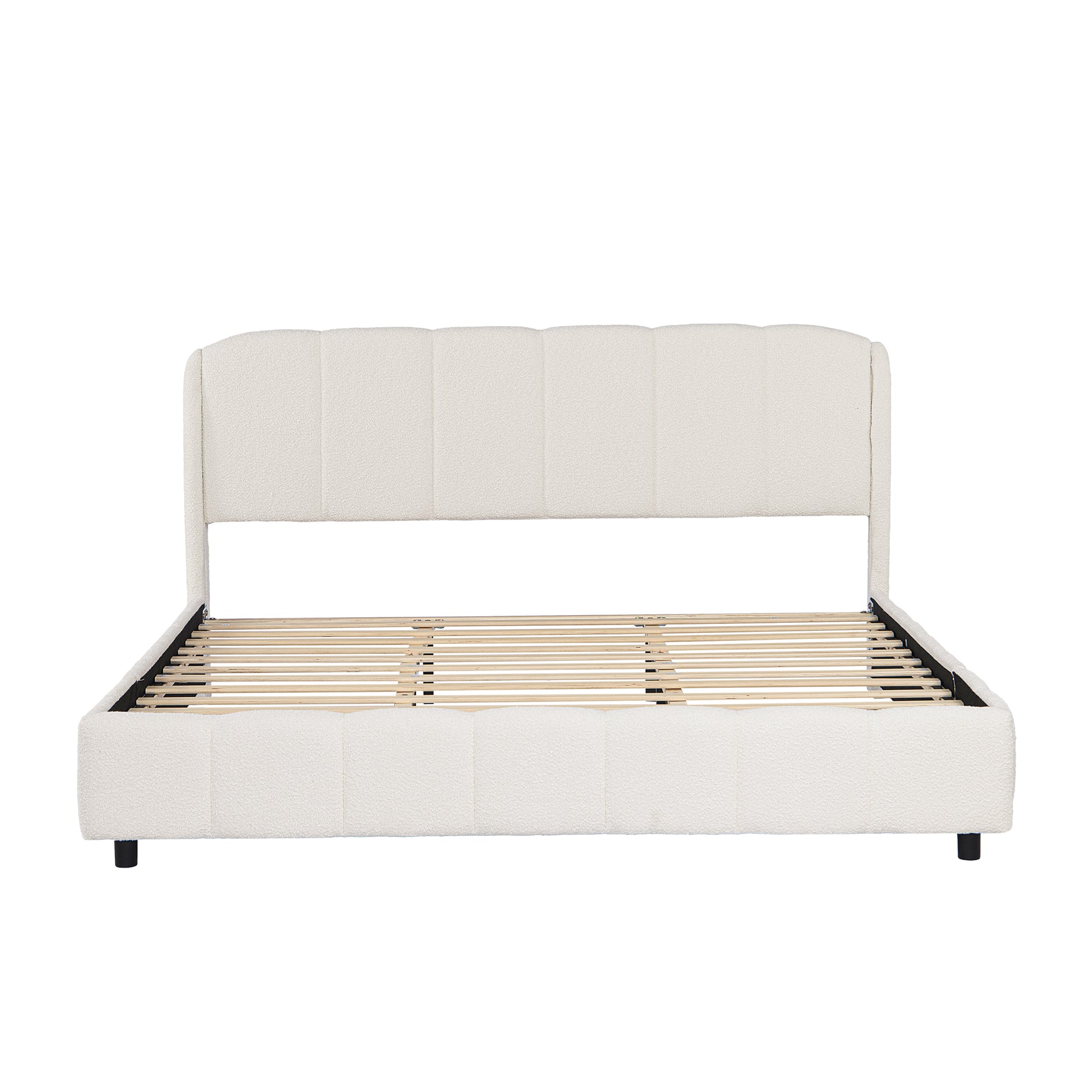 Side profile of beige bouclé king platform bed showing headboard height