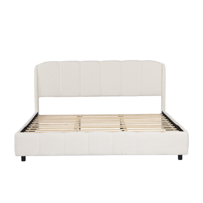 Side profile of beige bouclé king platform bed showing headboard height