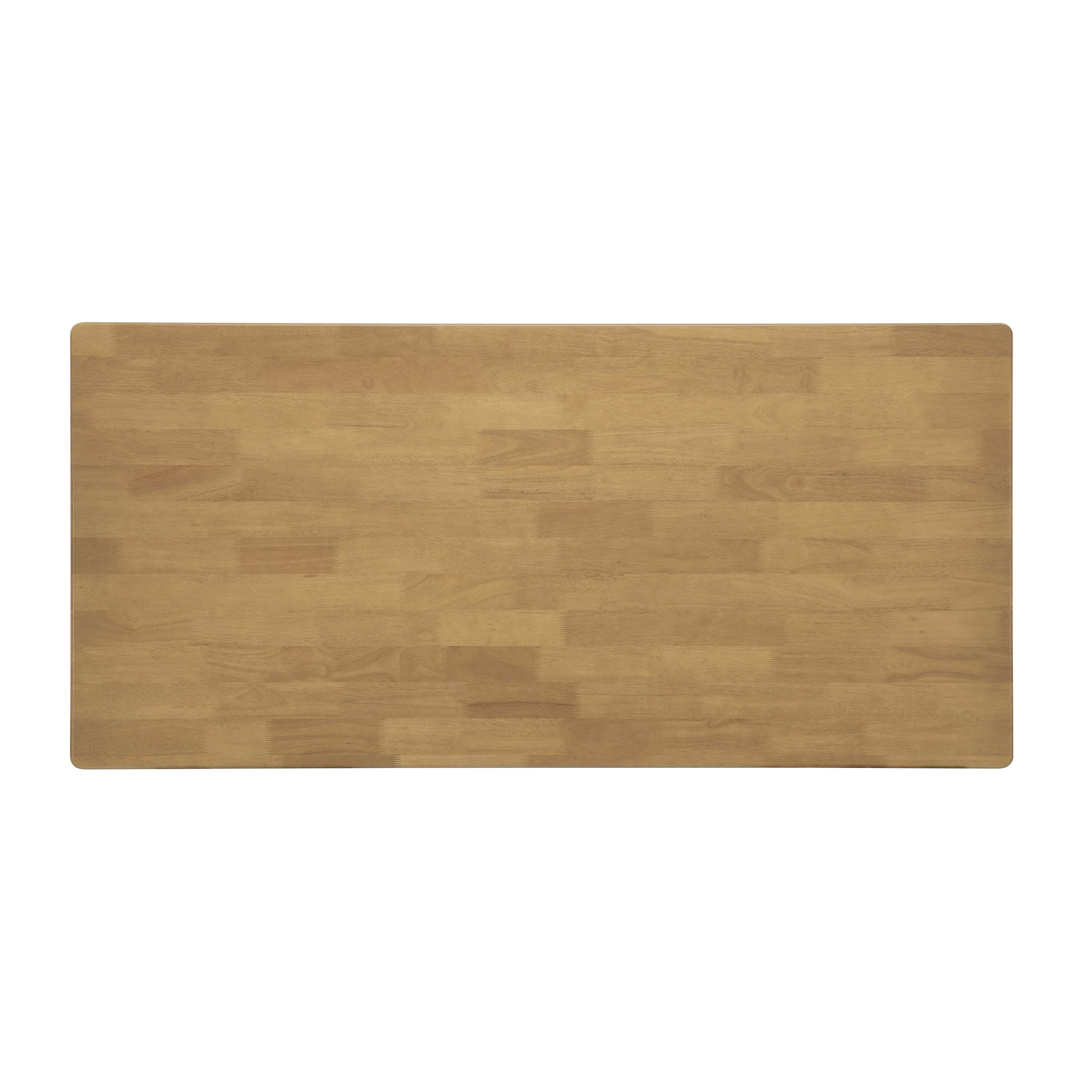 End view of the rubberwood dining table showing the twin woven cane panel legs, white background