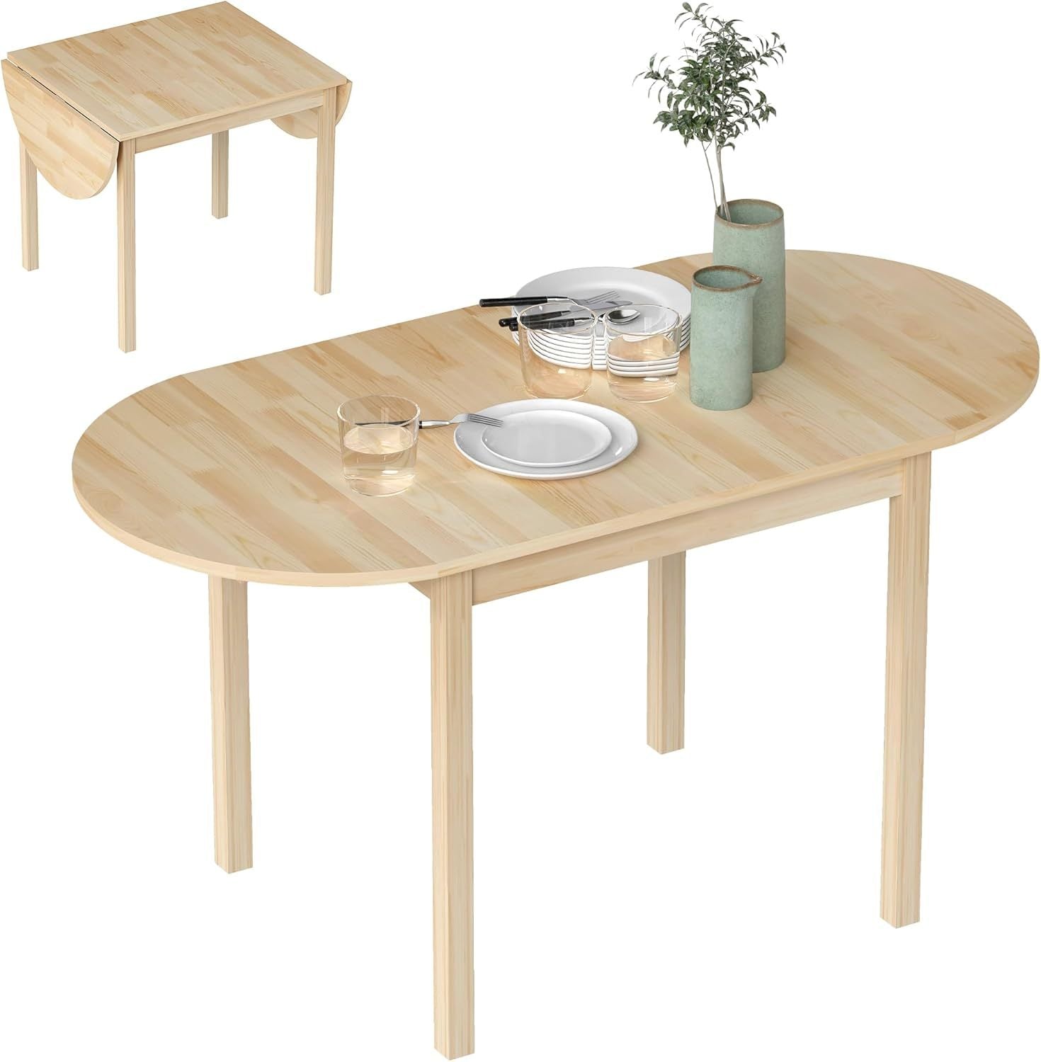 Natural pine drop-leaf dining table on plain white with a folded square inset view