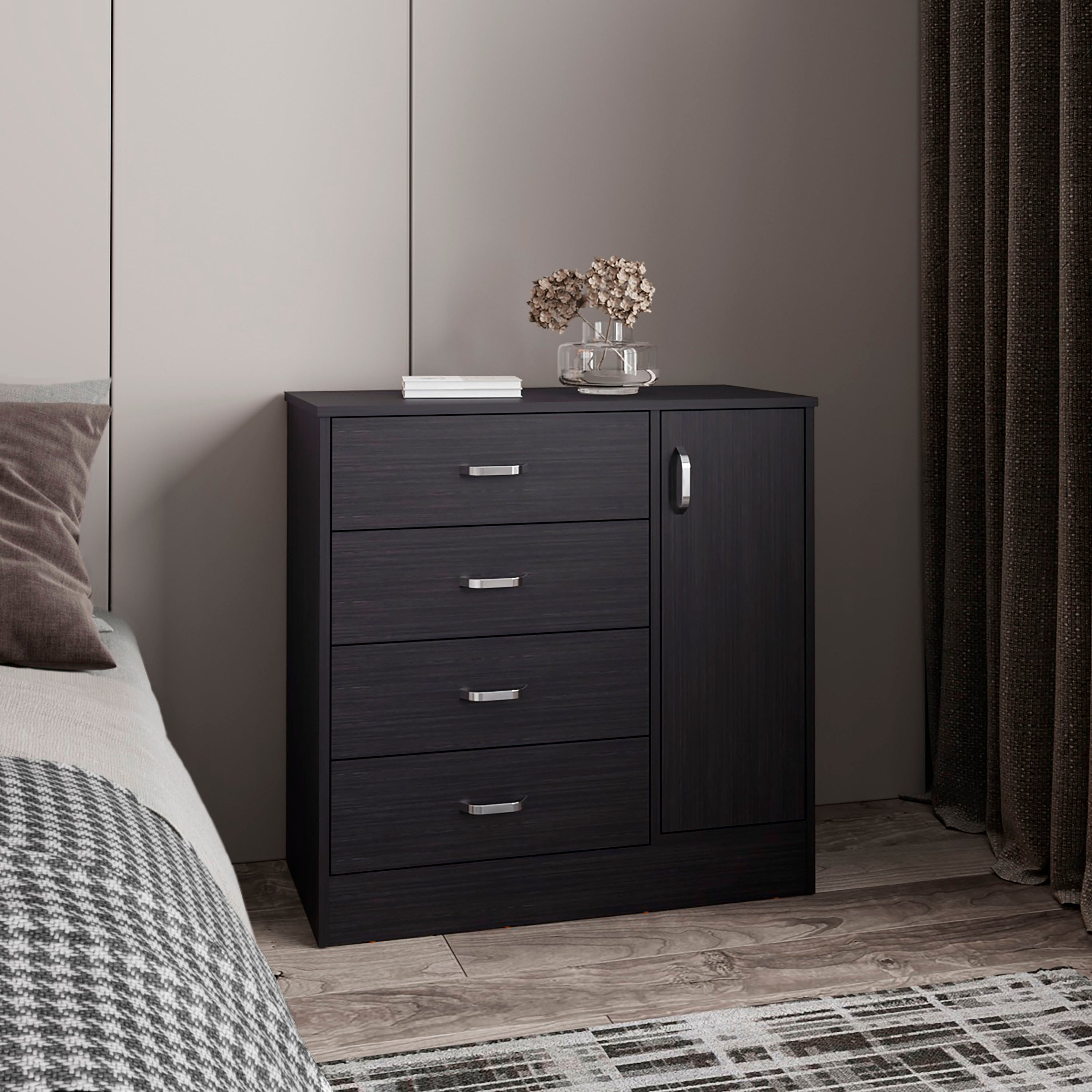 Black 4-Drawer Dresser with Door and 2 Shelves