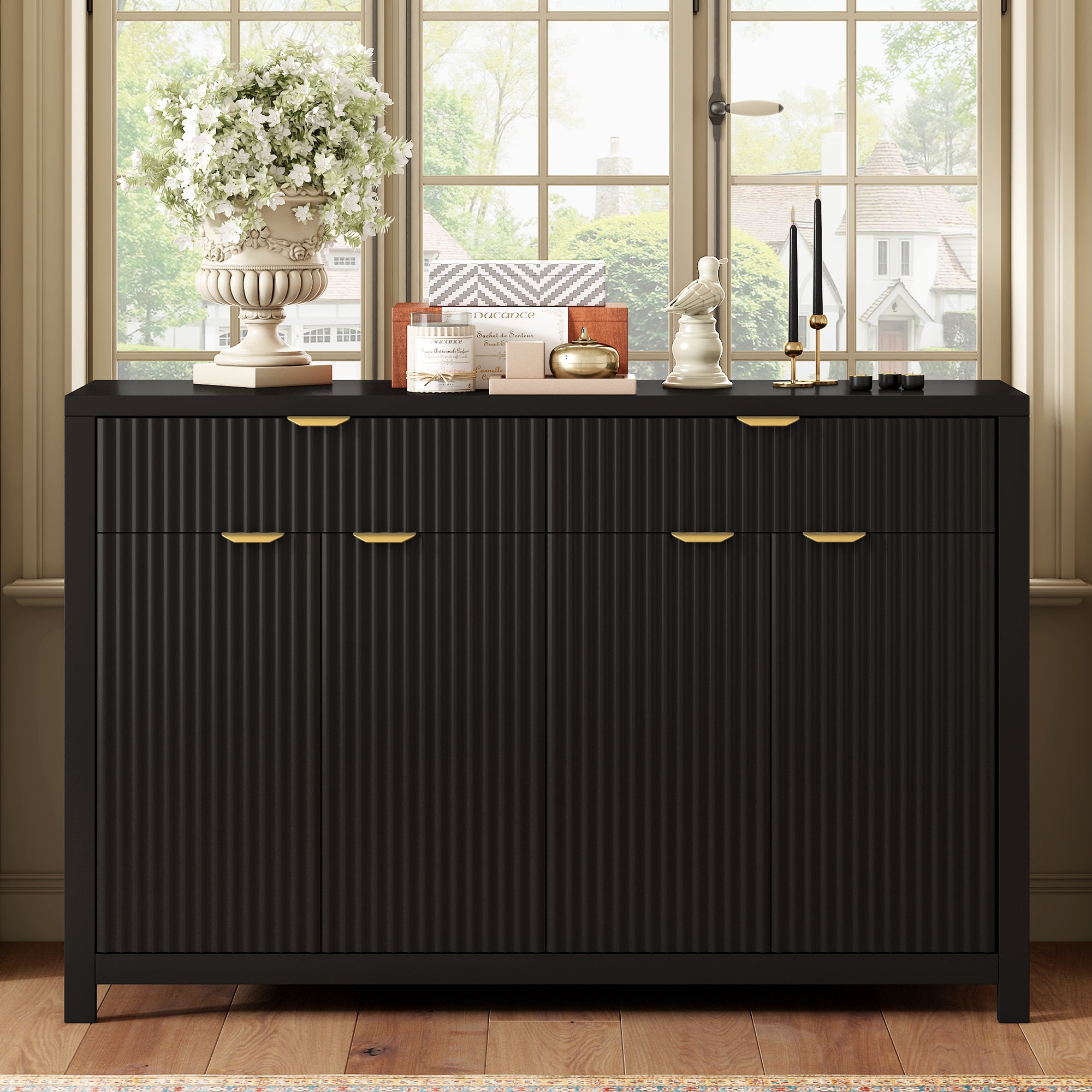 Fluted Black Sideboard Buffet, 55'' with 2 Drawers & 4 Doors