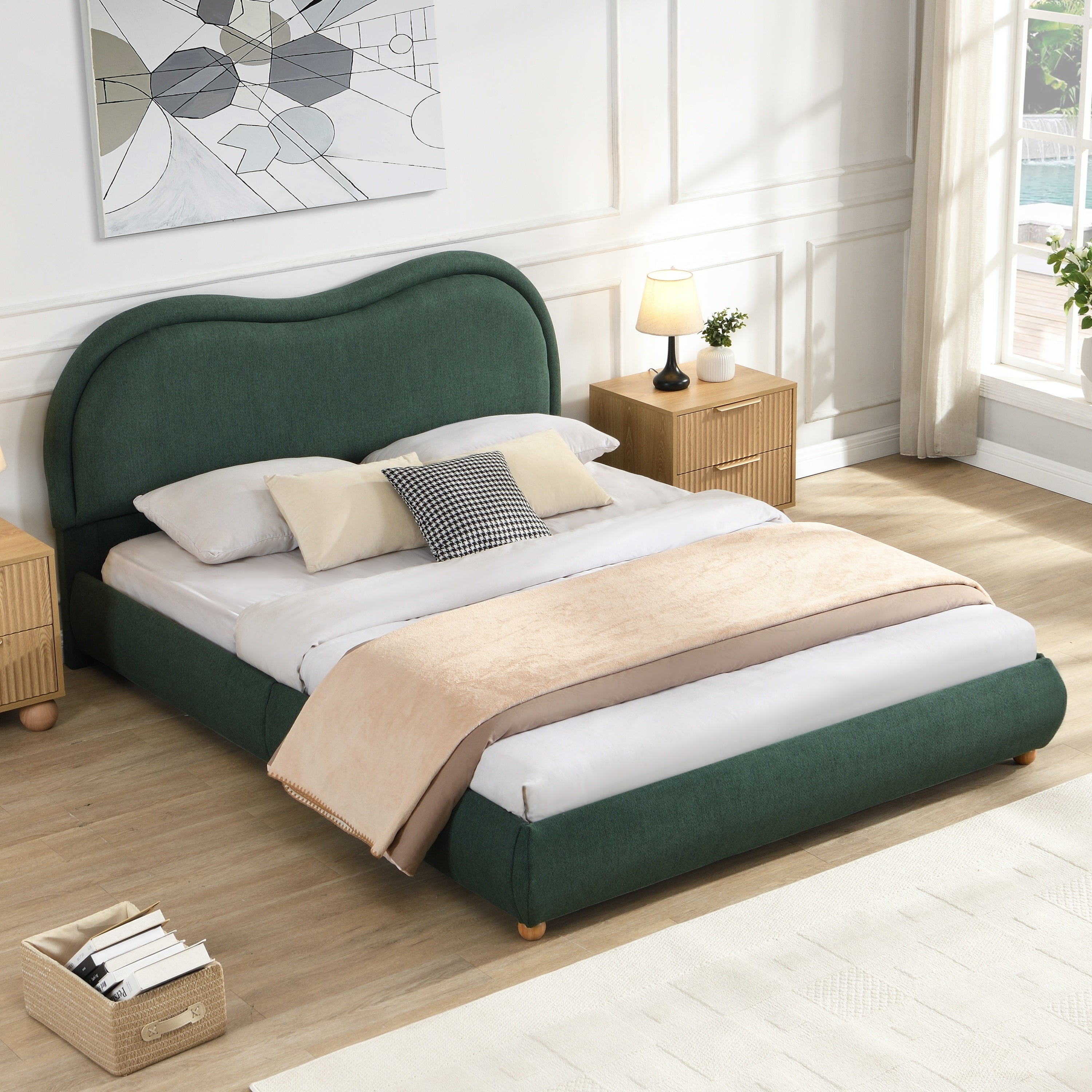 Olive green upholstered platform bed at an angle with oak nightstands and a bright window behind #Color_Olive Green