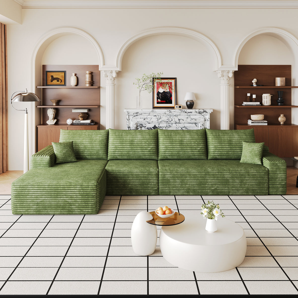 Green Corduroy L-Shaped Modular Sectional, 135 in Wide, Left-Facing