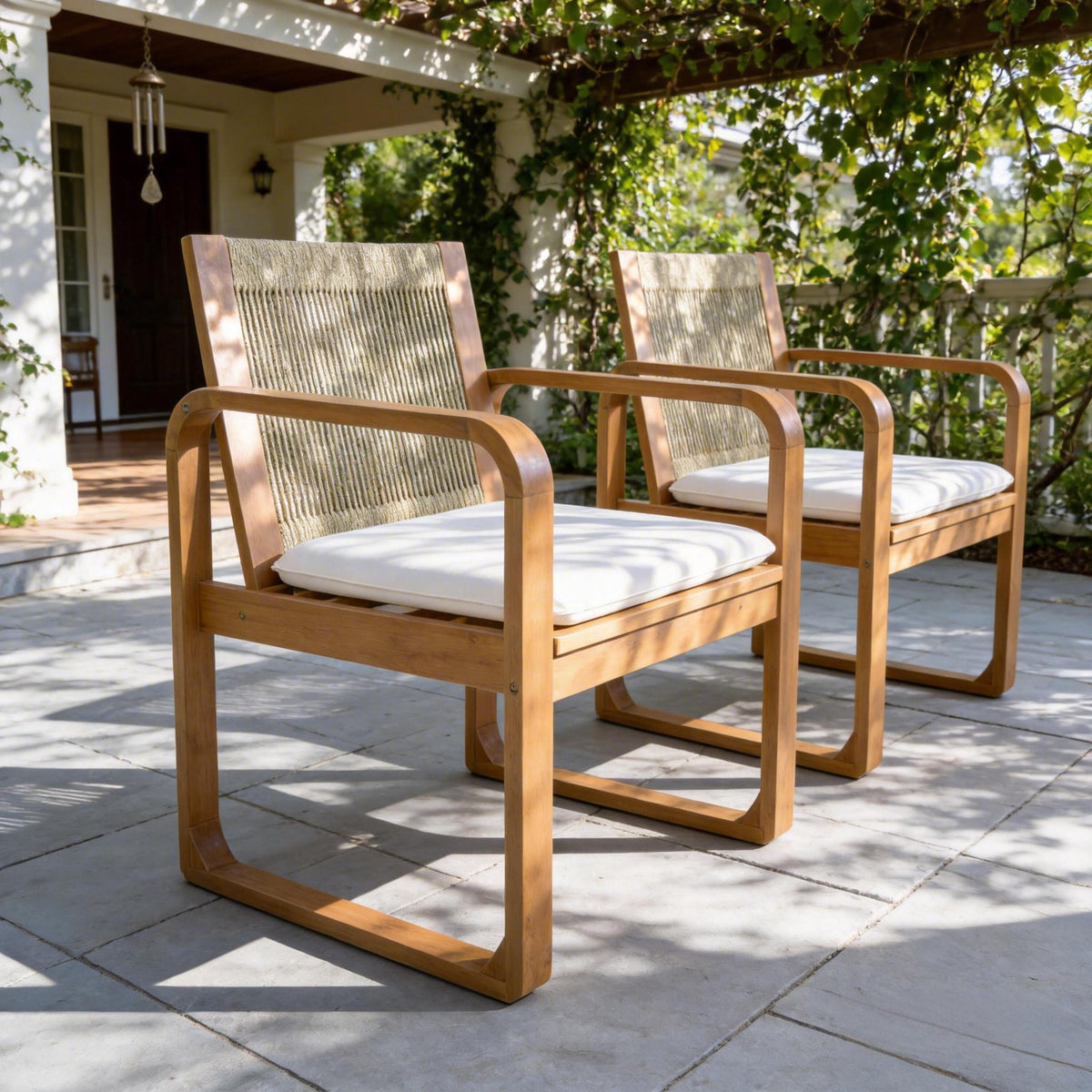 Teak Finish Solid Wood Outdoor Dining Chair, Set of 2, Beige Cushion