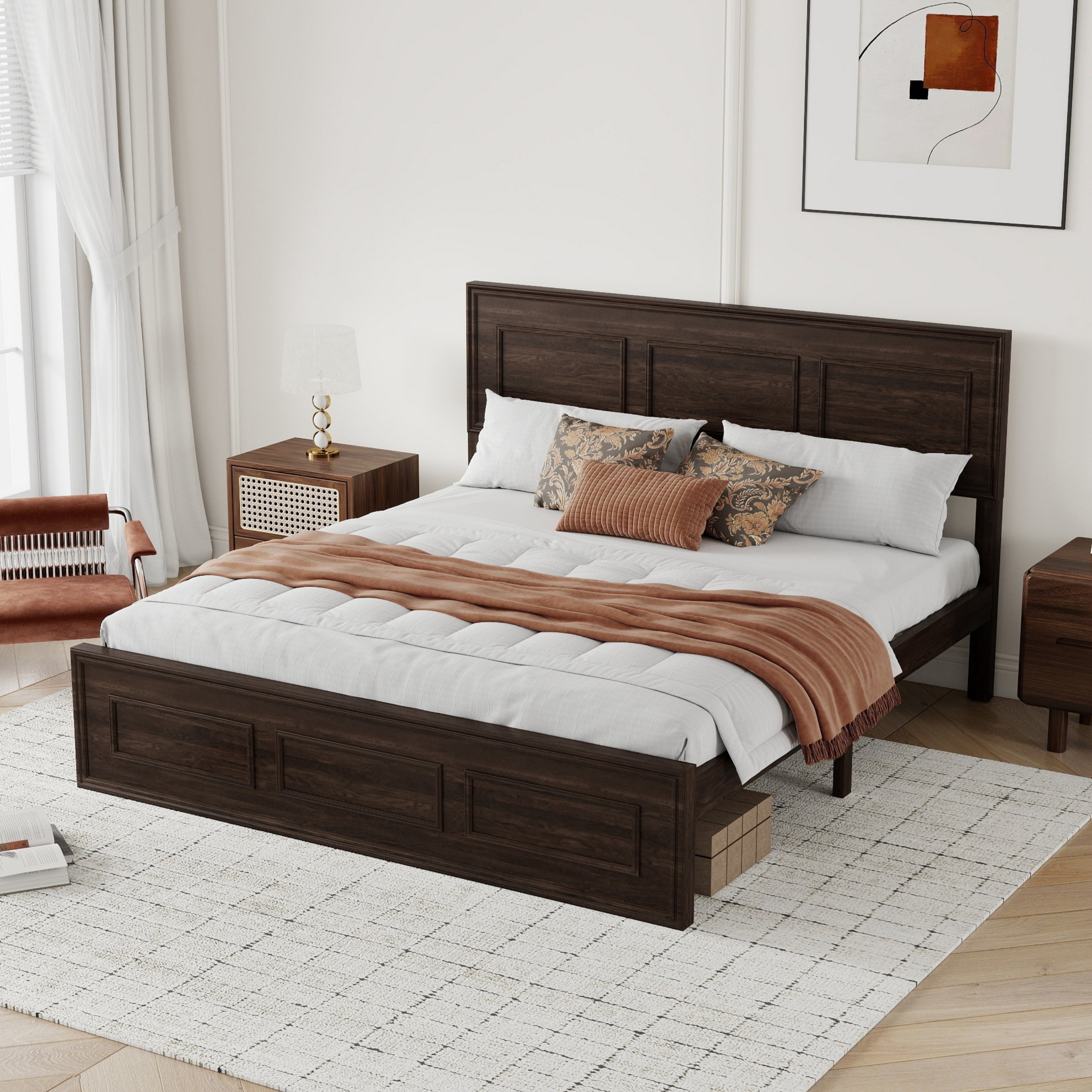 Left-angle view of rich brown wood queen bed dressed in white and rust bedding #Color_Rich Brown