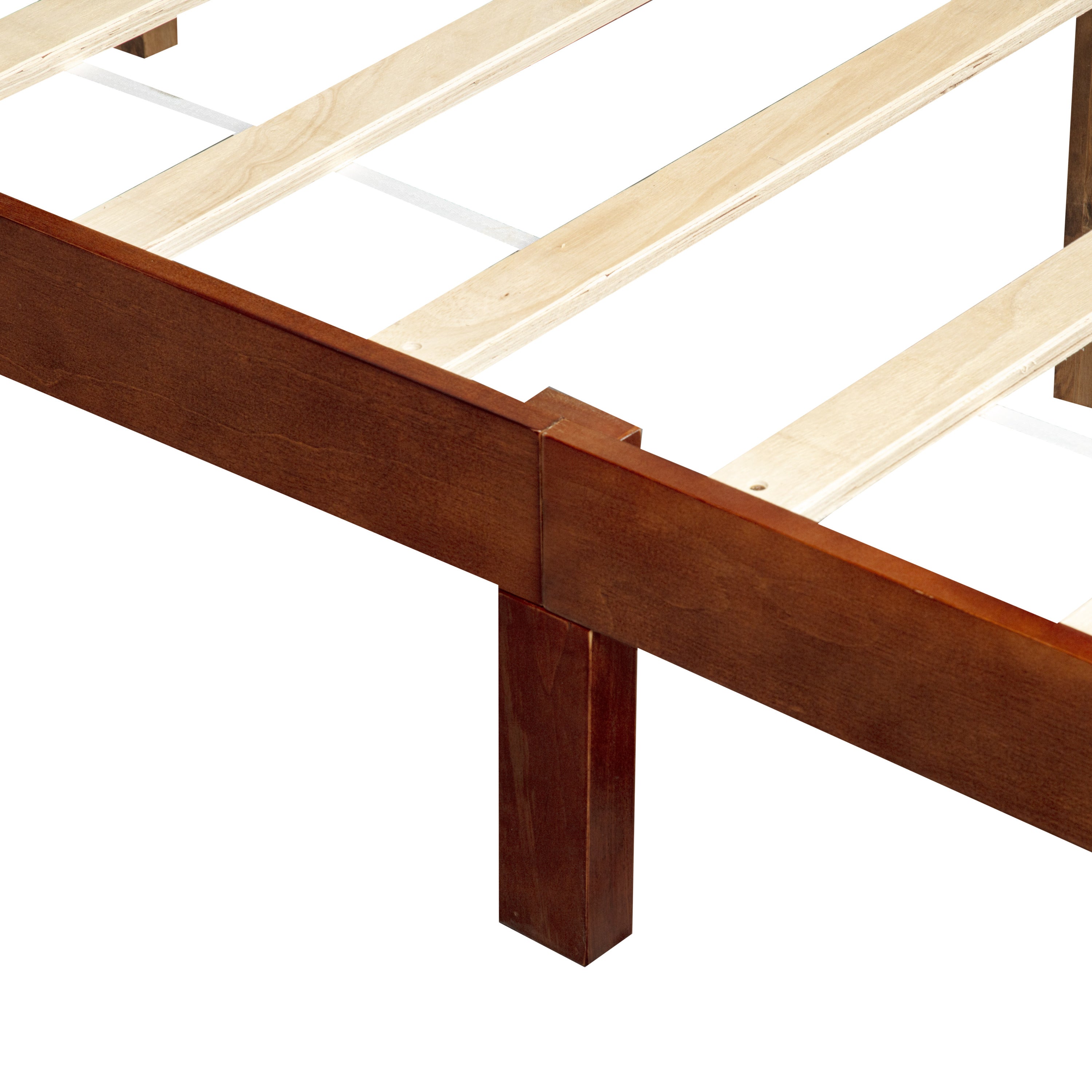 Close-up of center support bracket and slats, farmhouse king bed frame