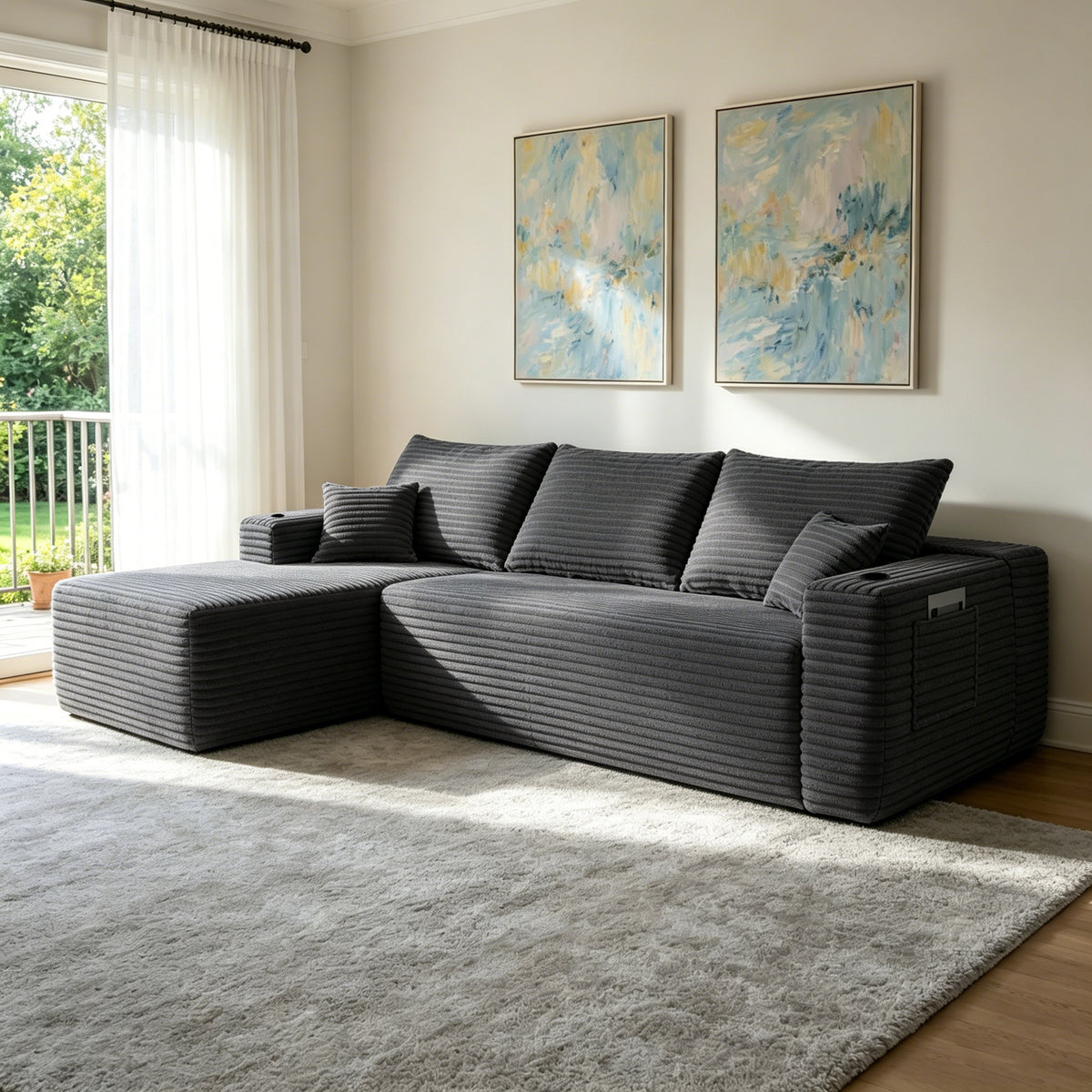 Gray L-Shaped Modular Sectional, 108 in Wide, Left-Facing Chaise