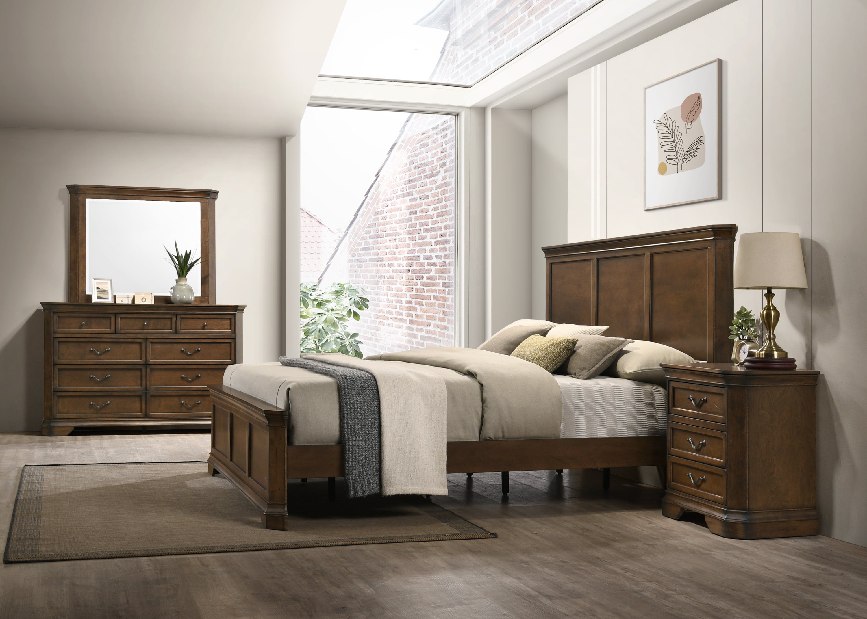 4-Piece King Bedroom Set: Solid Wood Panel Bed, Dresser, Mirror