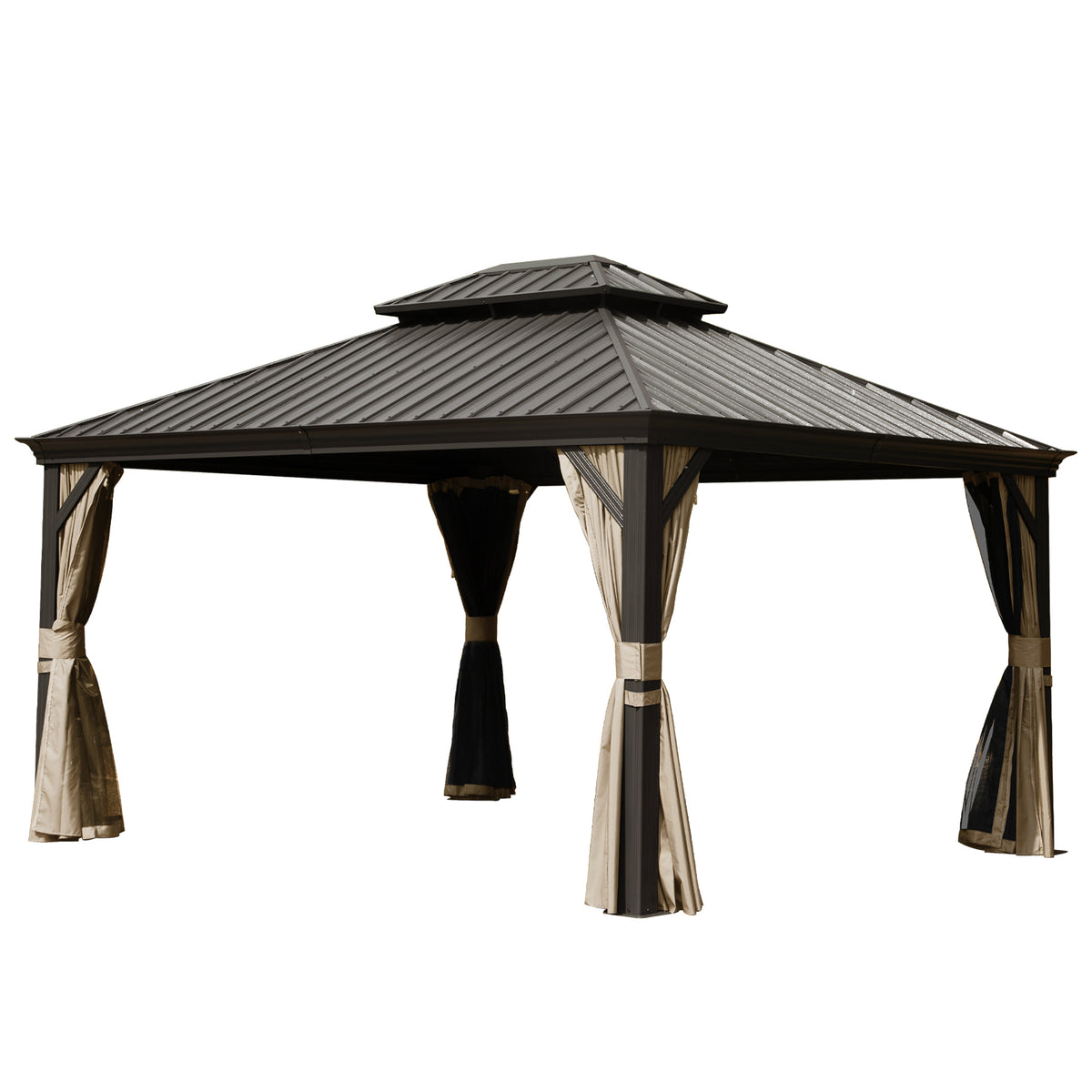 10x14 ft Brown Aluminum Double Roof Hardtop Gazebo with Netting and Curtains