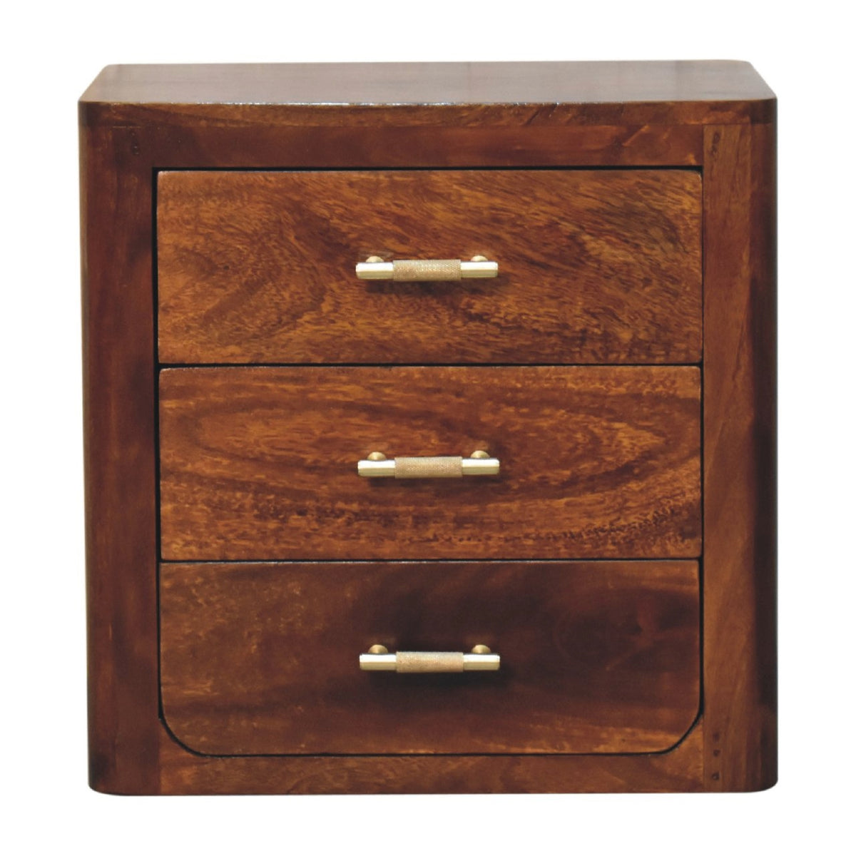 3 Drawer Solid Mango Wood Nightstand, Chestnut Finish