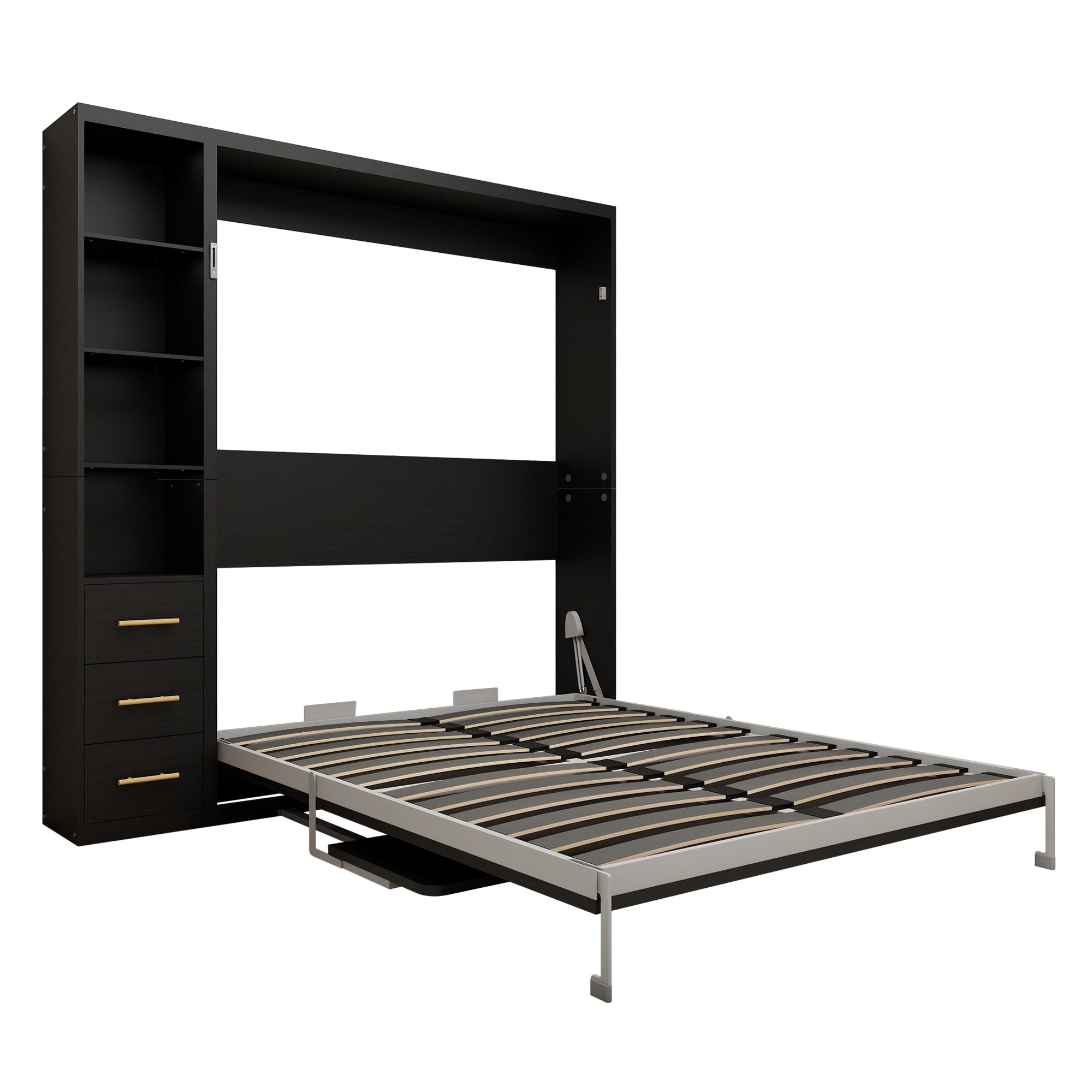 Queen Wall Bed Cabinet with Desk, Shelves and Drawers, Black