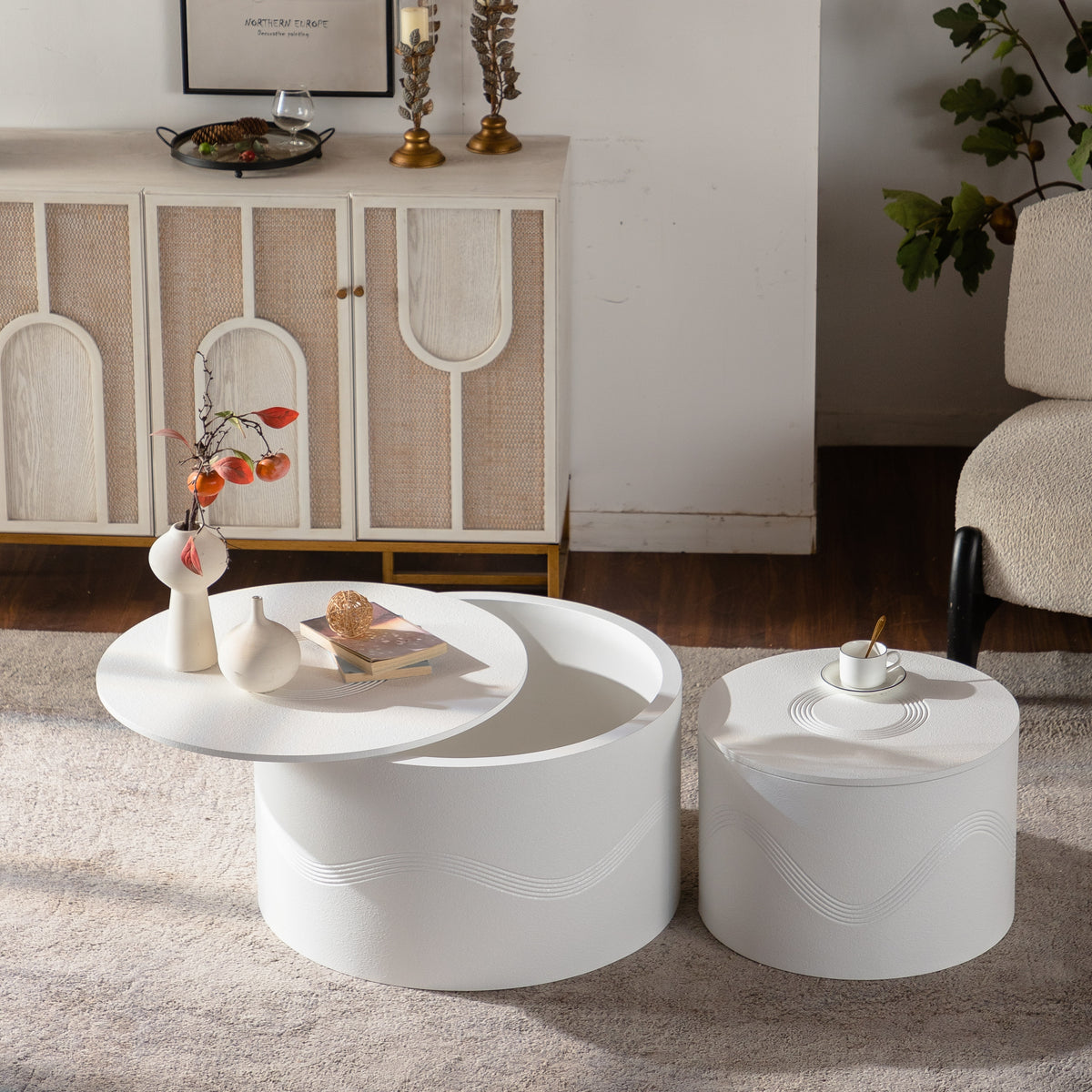White Round Coffee Table with Storage, 26.8 in