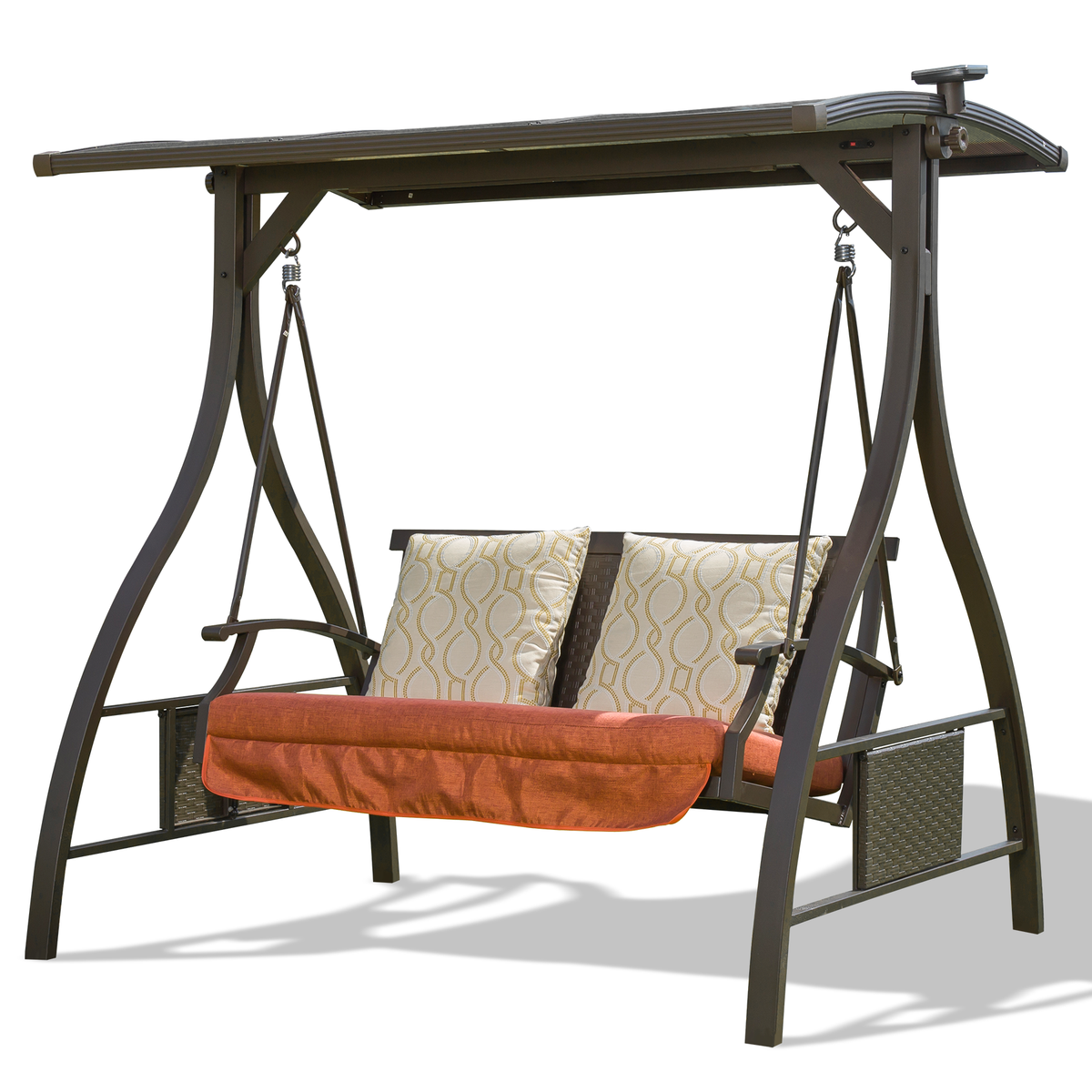 Brown Metal Porch Swing with Canopy, 69 in Tall
