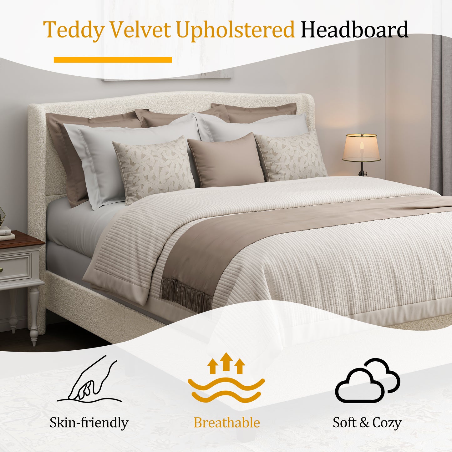 White teddy velvet king platform bed with neutral bedding in a sunlit room