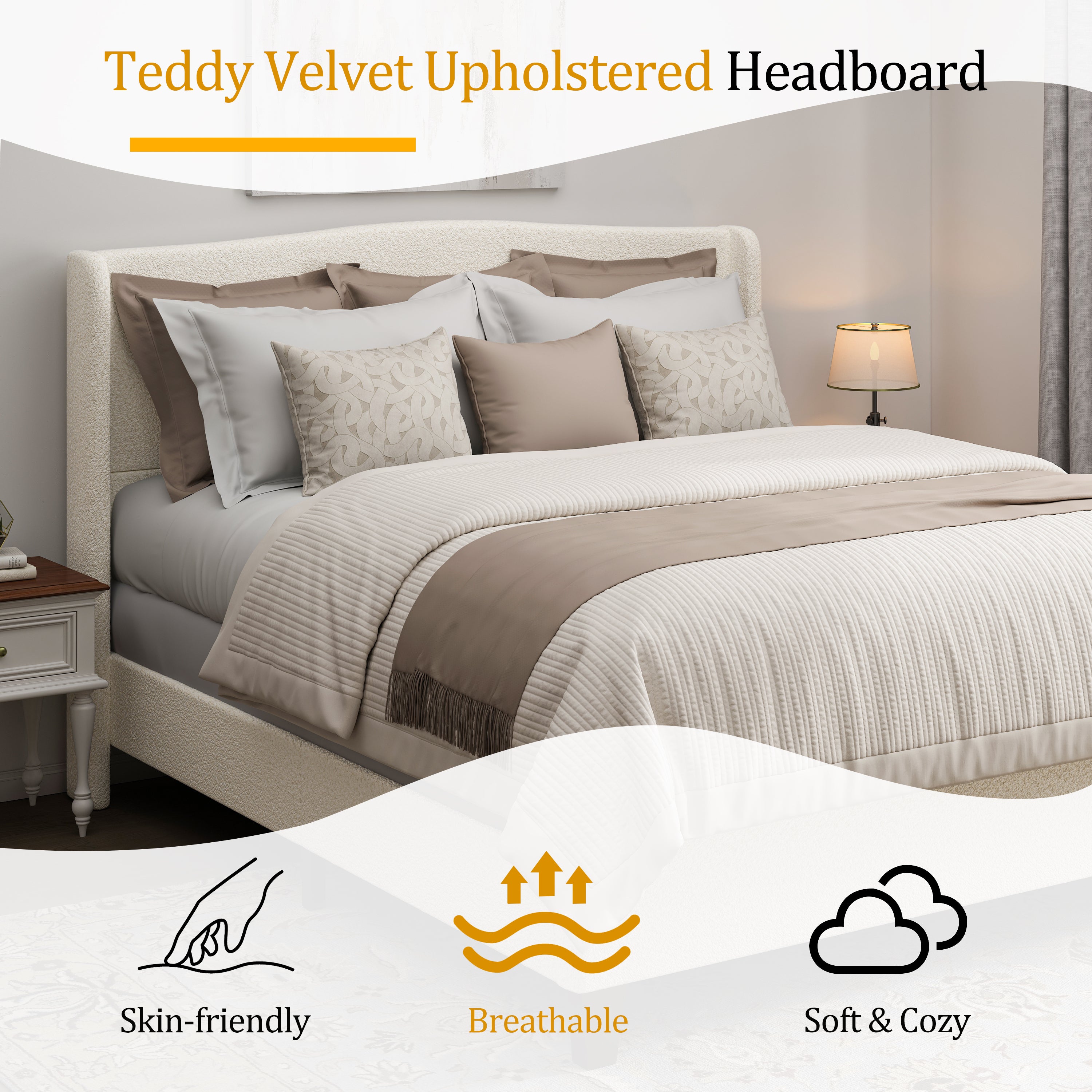 White teddy velvet king platform bed with neutral bedding in a sunlit room