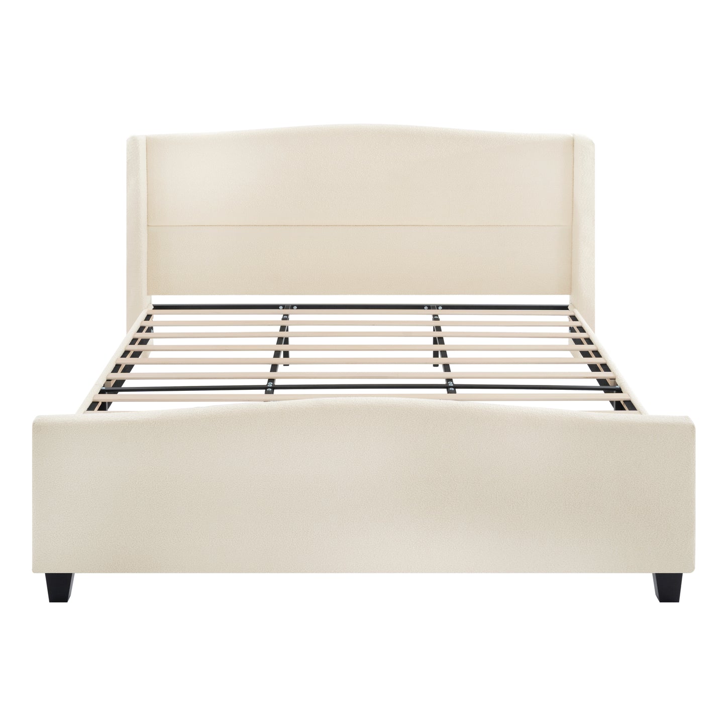 White teddy velvet king platform bed frame with footboard on white background