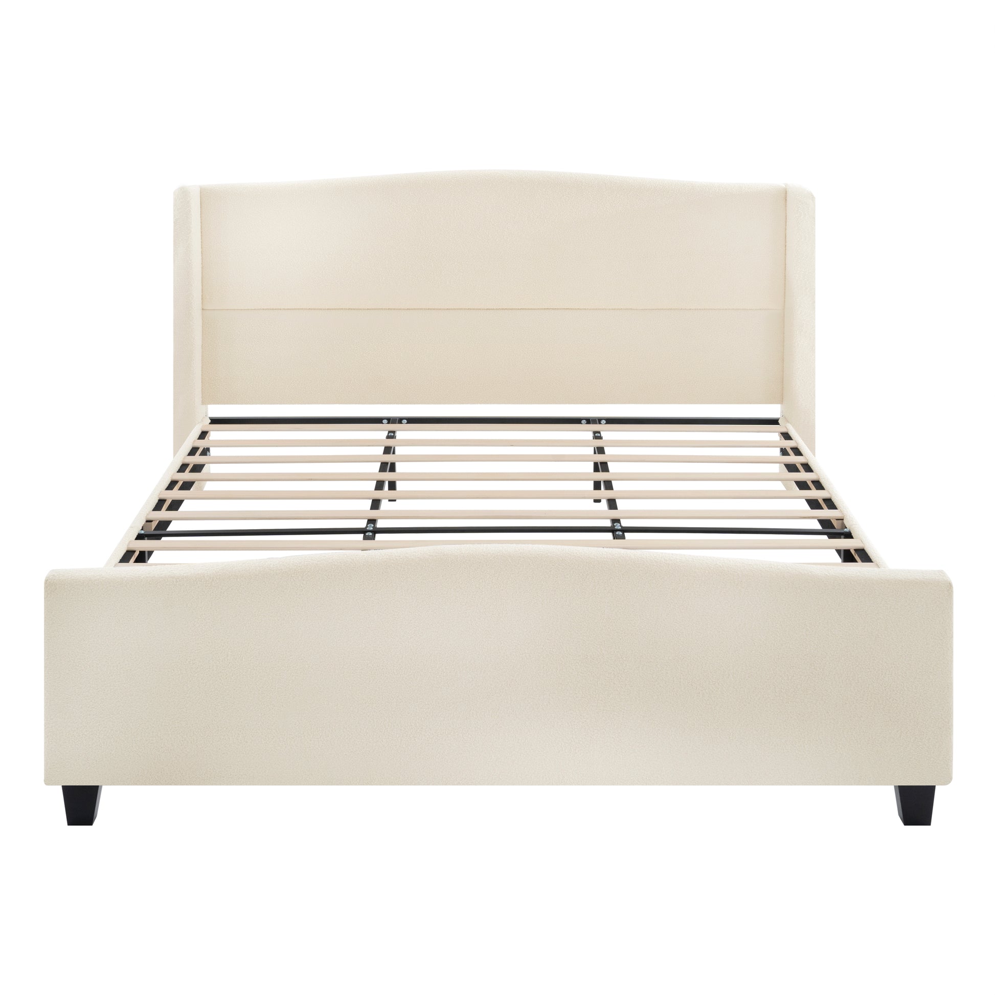 White teddy velvet king platform bed frame with footboard on white background
