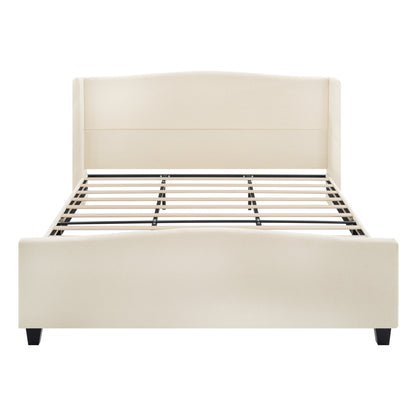 White teddy velvet king platform bed frame with footboard on white background