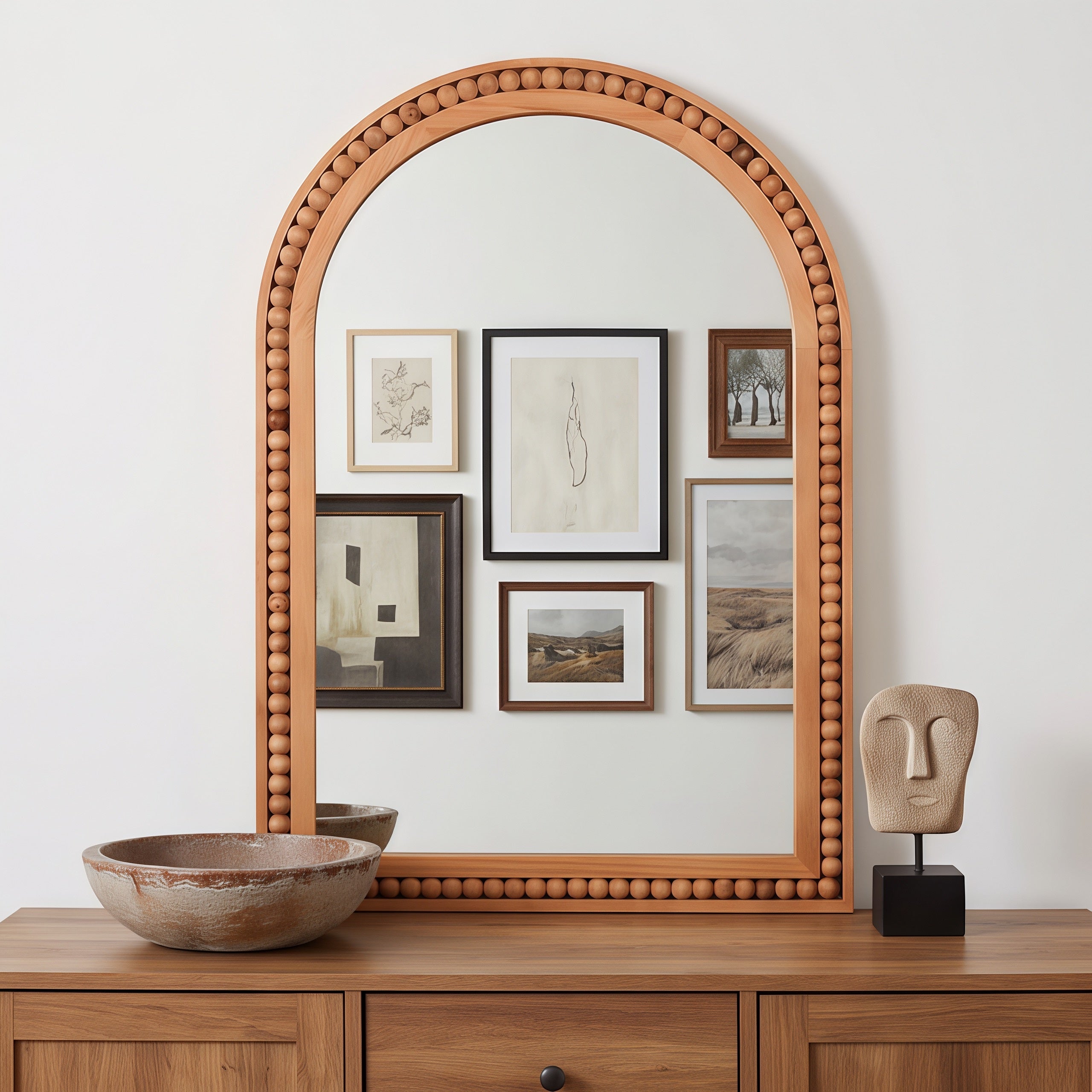 24x36 Arched Mirror, Beaded Solid Wood Frame, Brown