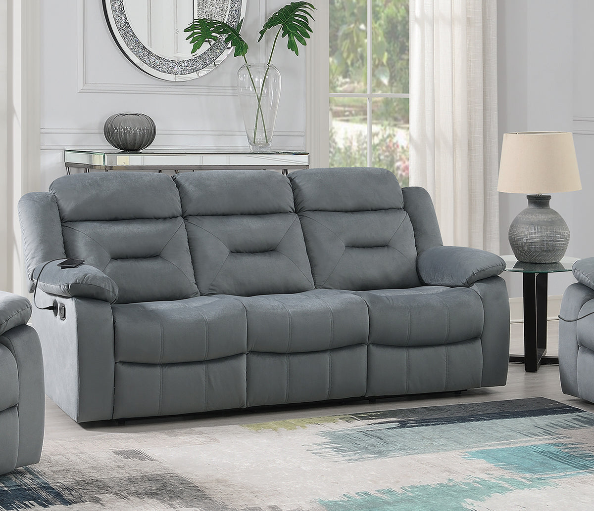 Dark Gray Velvet Reclining Sofa, 84 in Wide