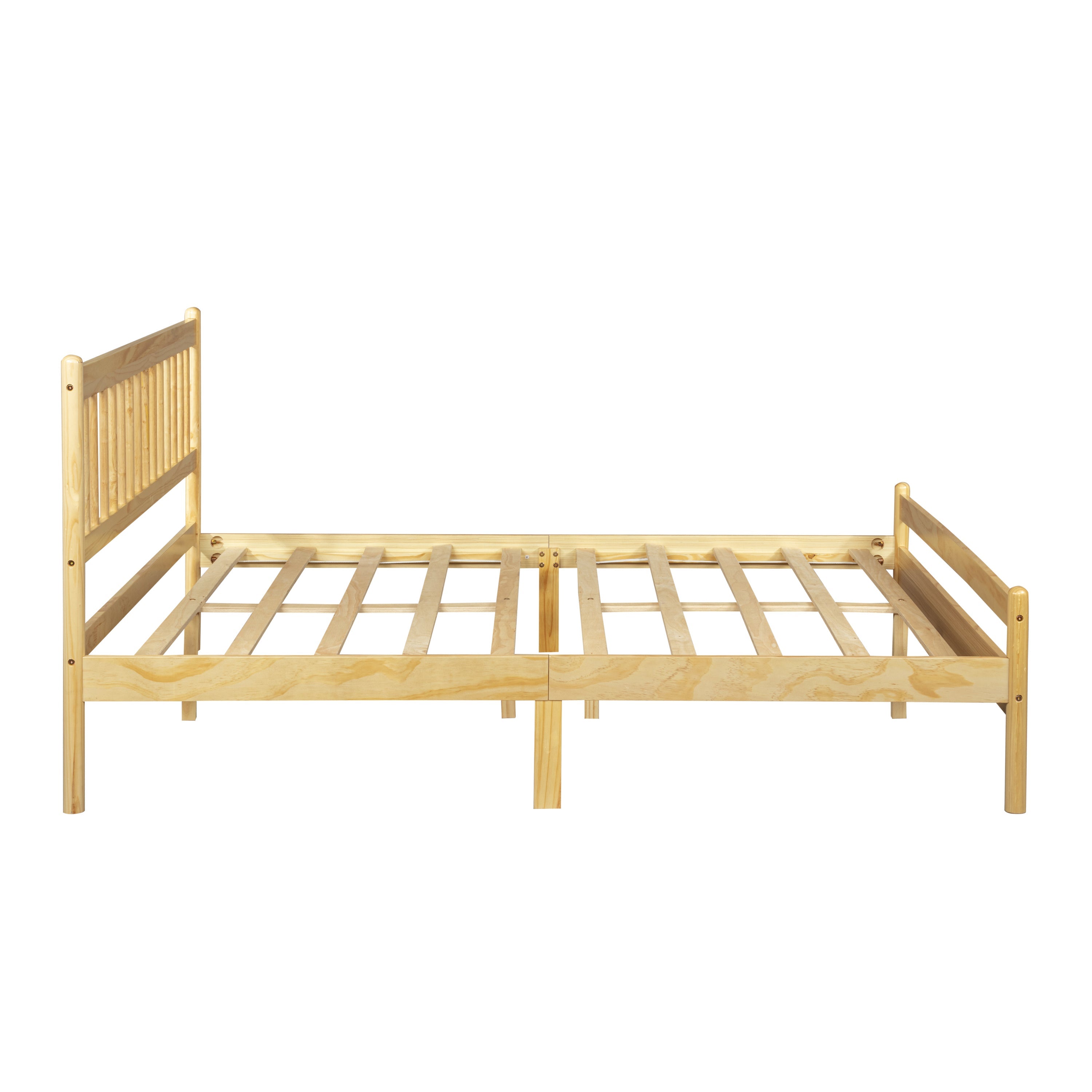 Side profile of the empty natural pine bed frame with slats on a white background #Color_Natural