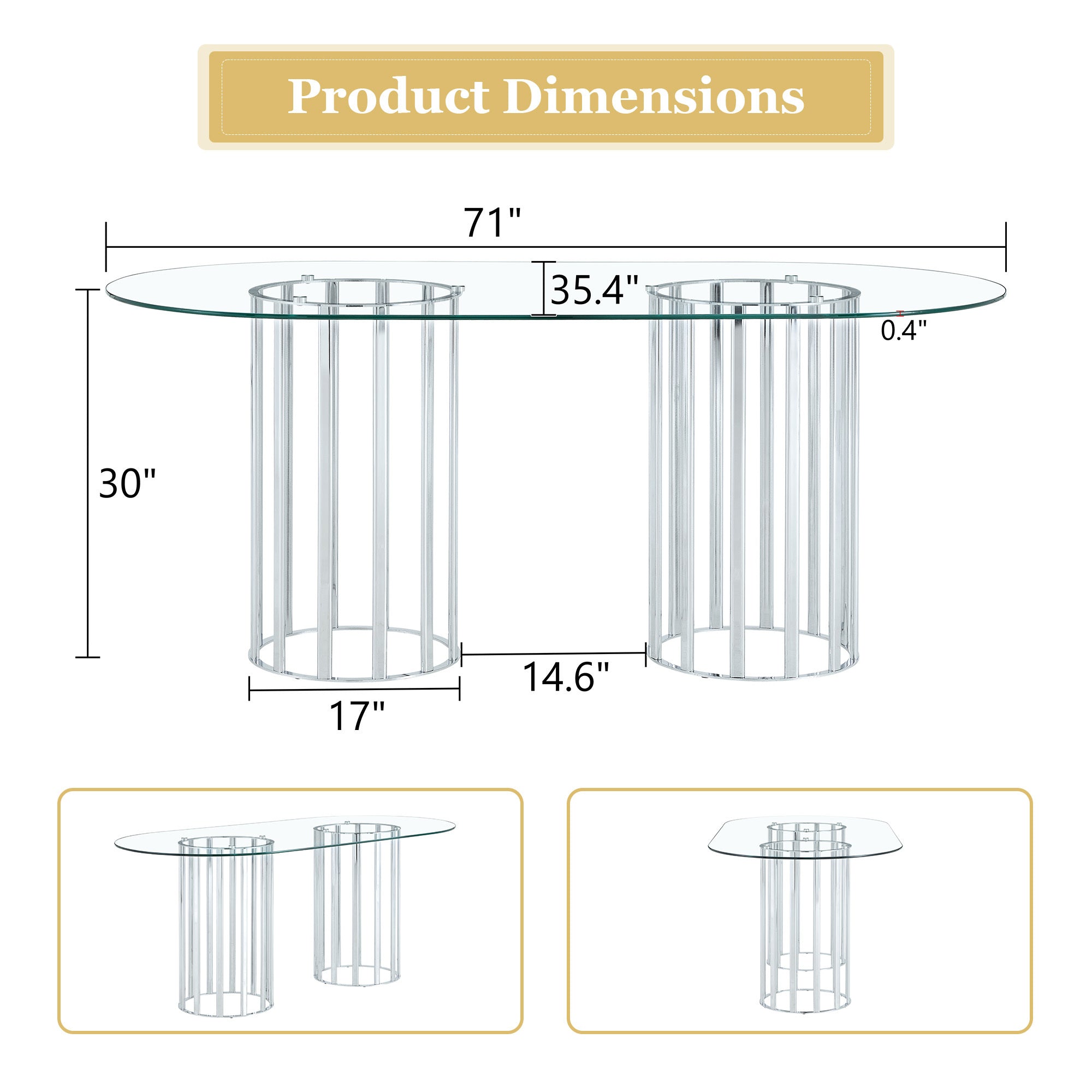 Dimension diagram of the oval glass dining table, 71 inches long, 35.4 inches wide, 30 inches tall.