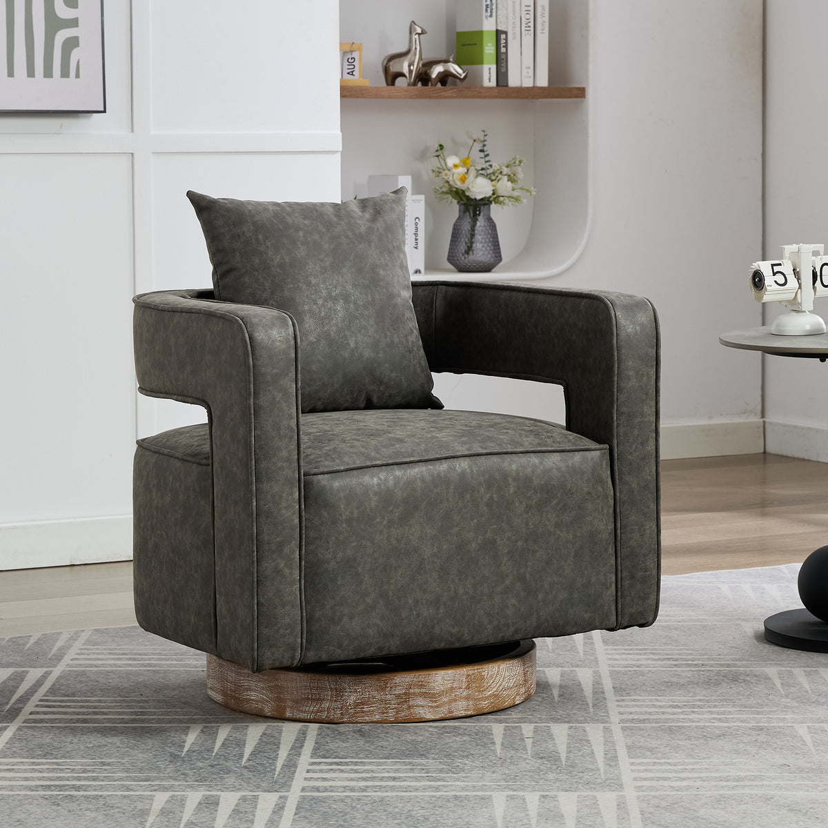 Gray Vegan Leather Swivel Barrel Chair, Nursery