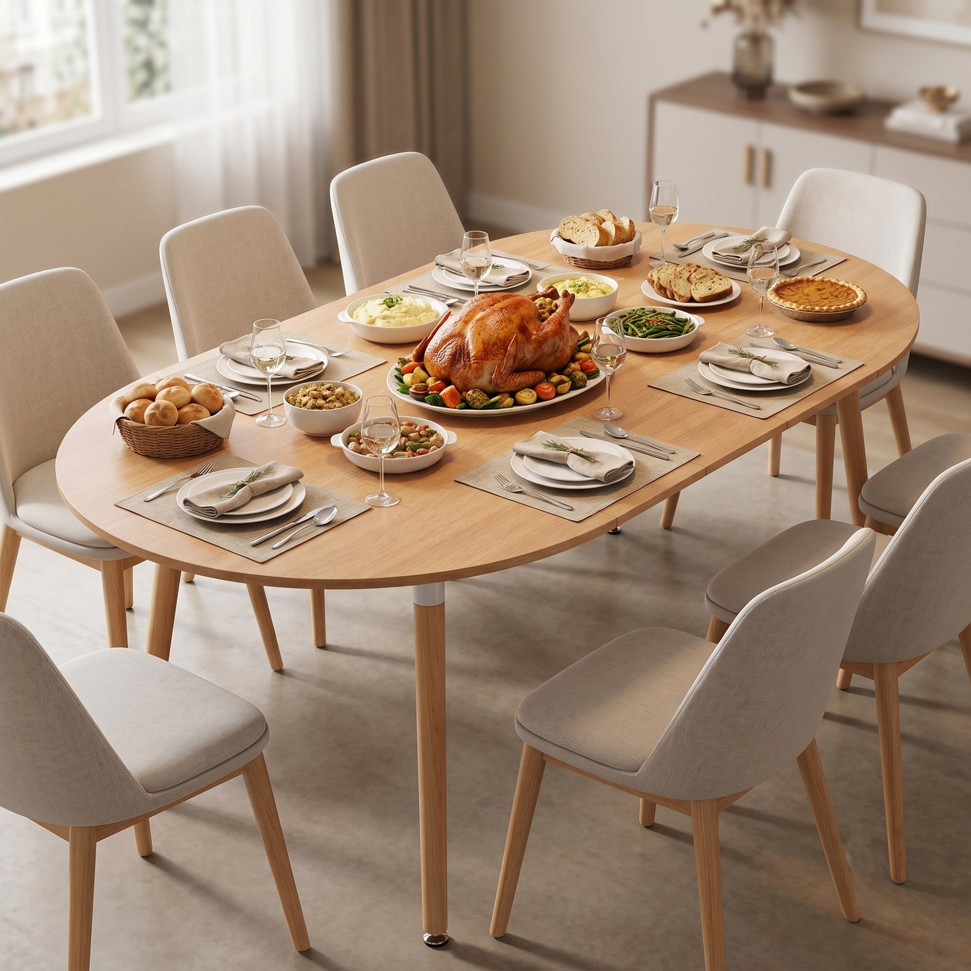 Oak-look extendable table set as an oval for a holiday feast with beige chairs, styled dining room