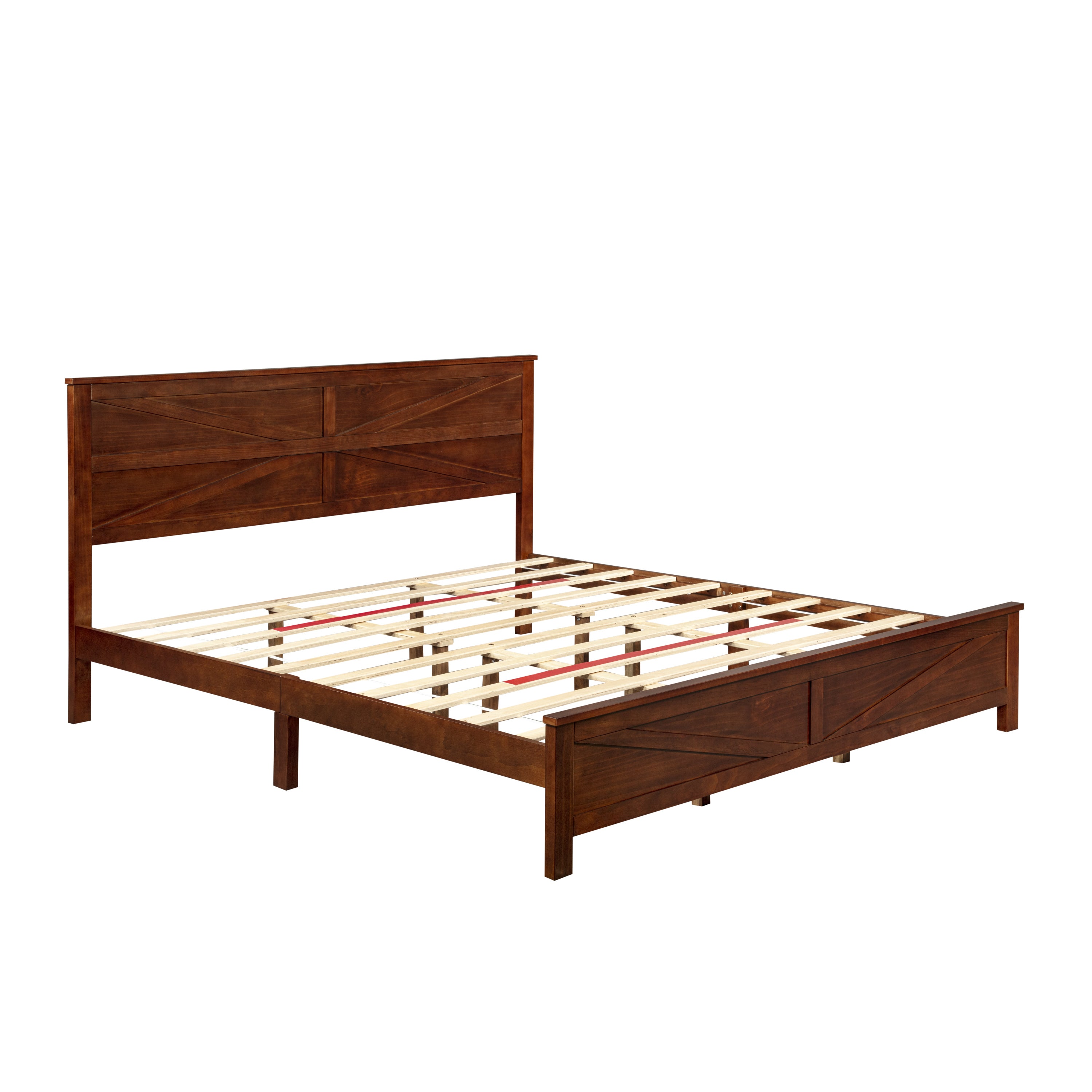 Angled view of farmhouse walnut king bed frame frame only, no mattress