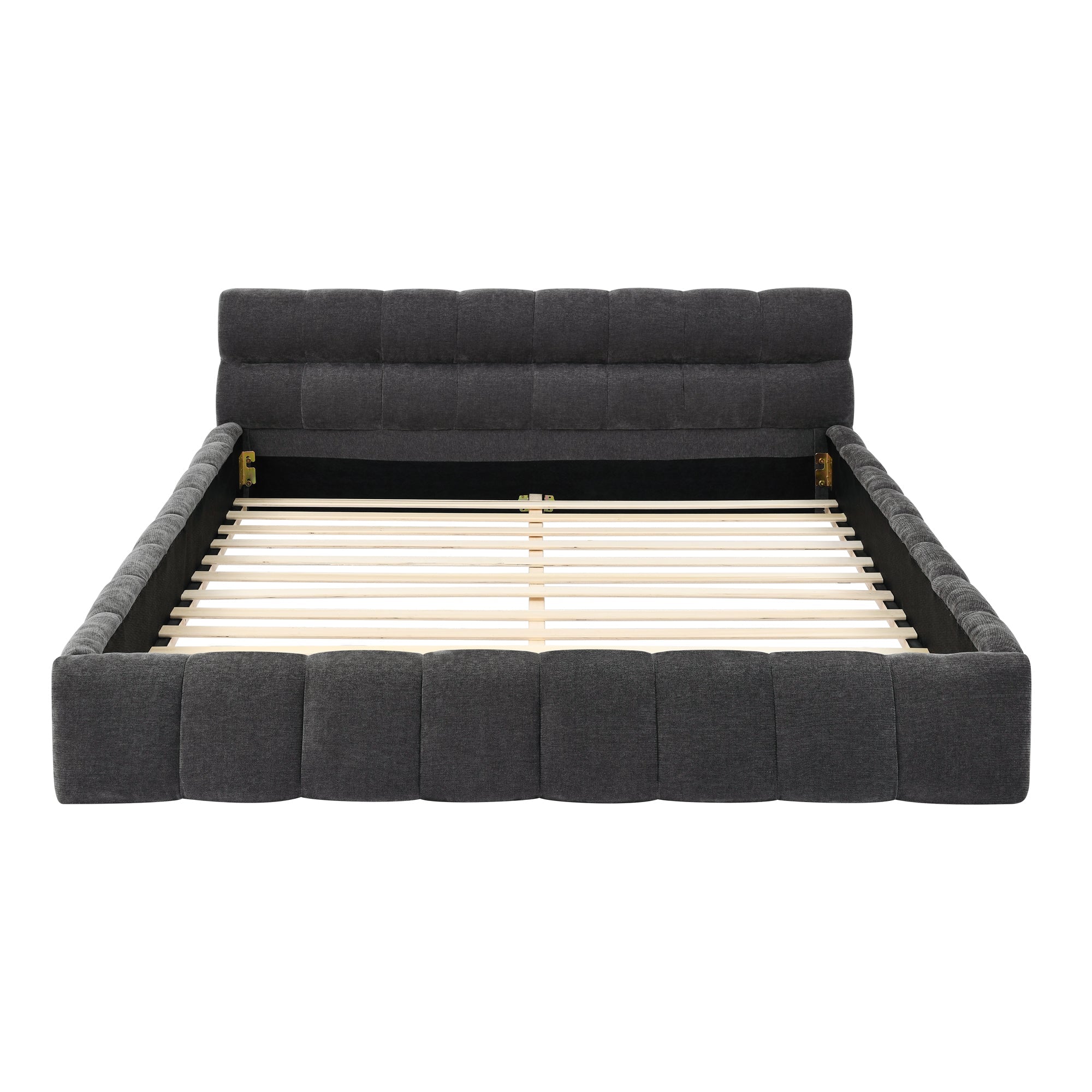 Dark grey chenille platform bed frame shown head-on on white, wood slats exposed #Color_Dark Grey