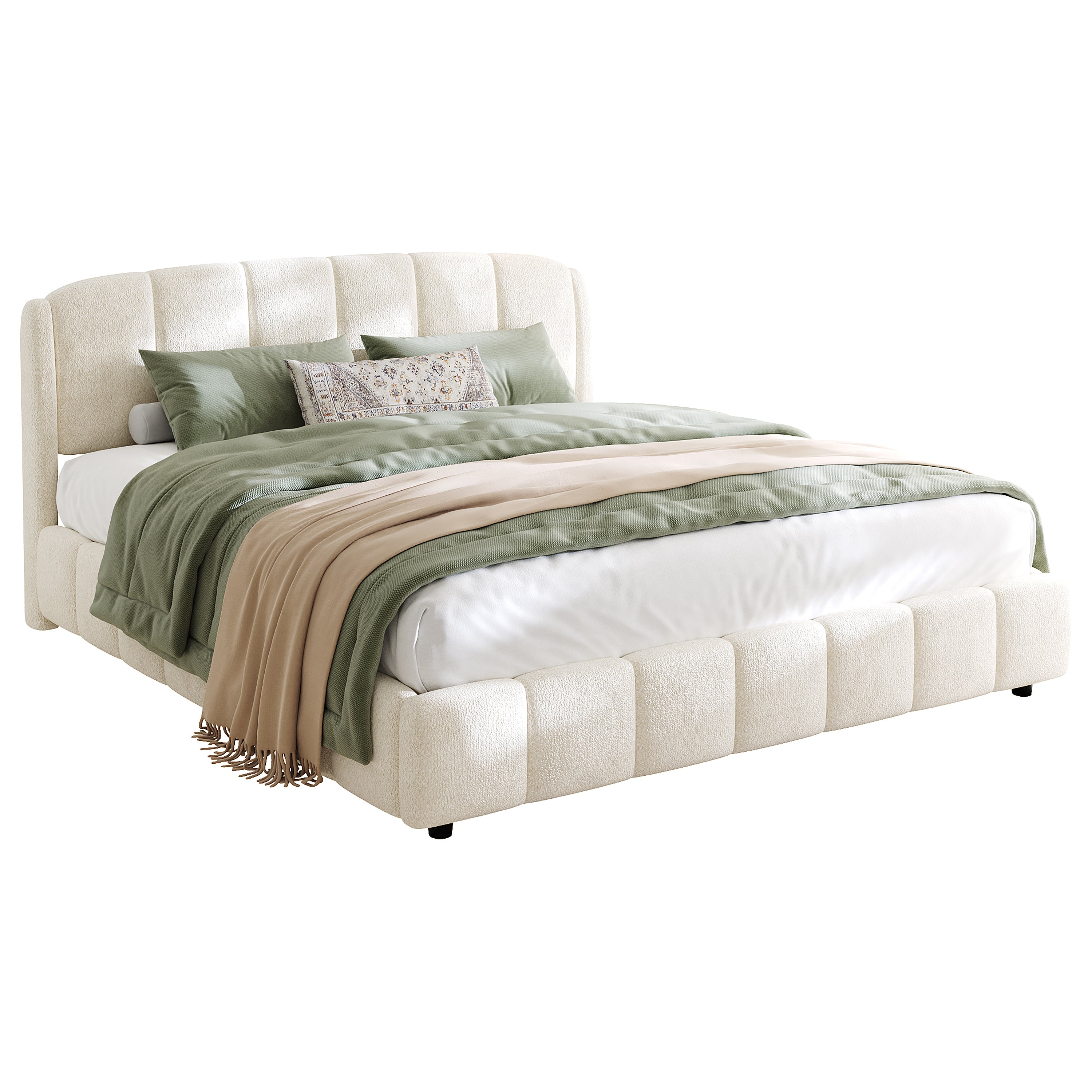 Front view of beige bouclé king platform bed frame on white background