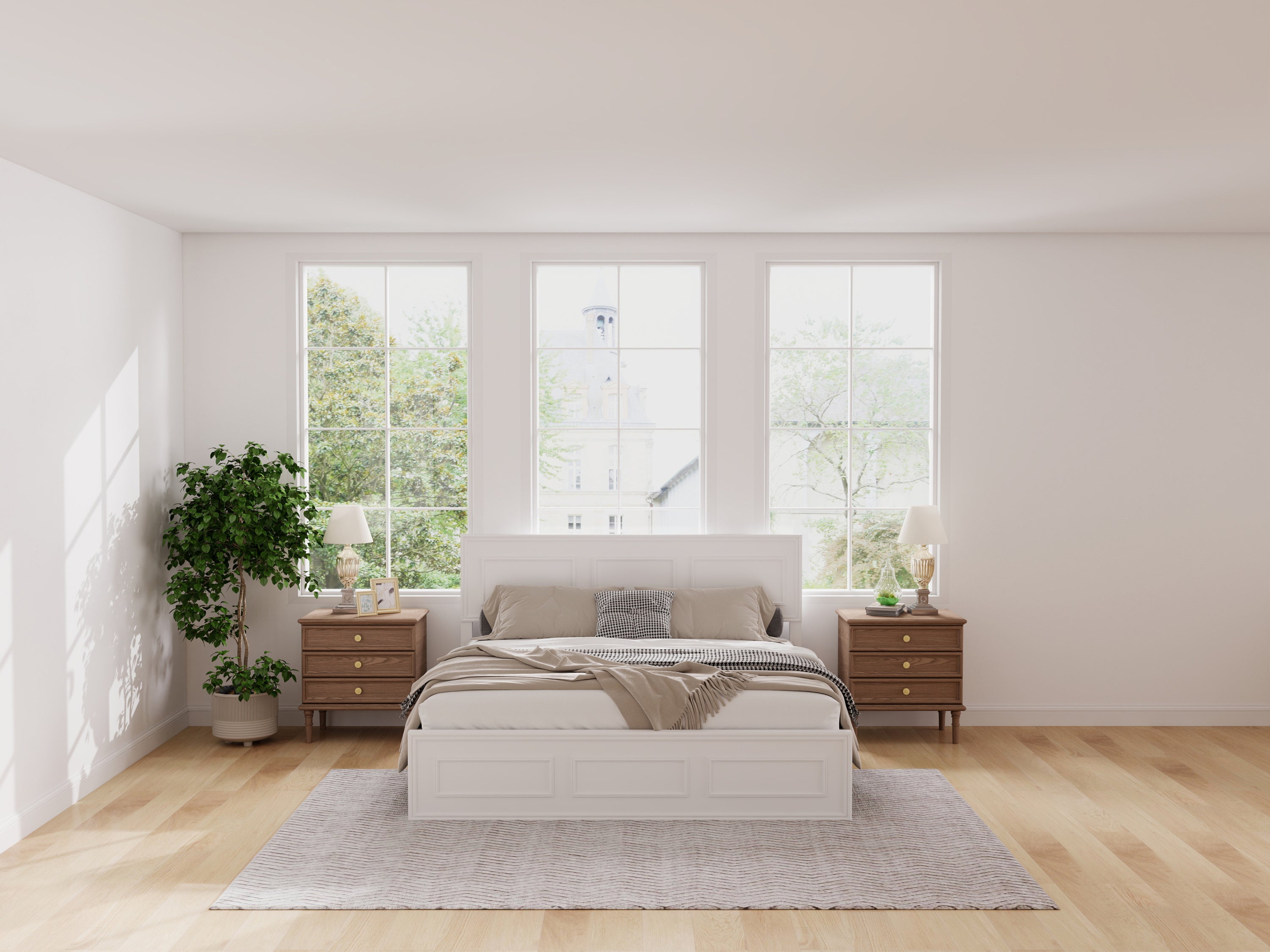 Wide bedroom view of the white queen panel bed centered between windows with wood nightstands and a plant #Color_White