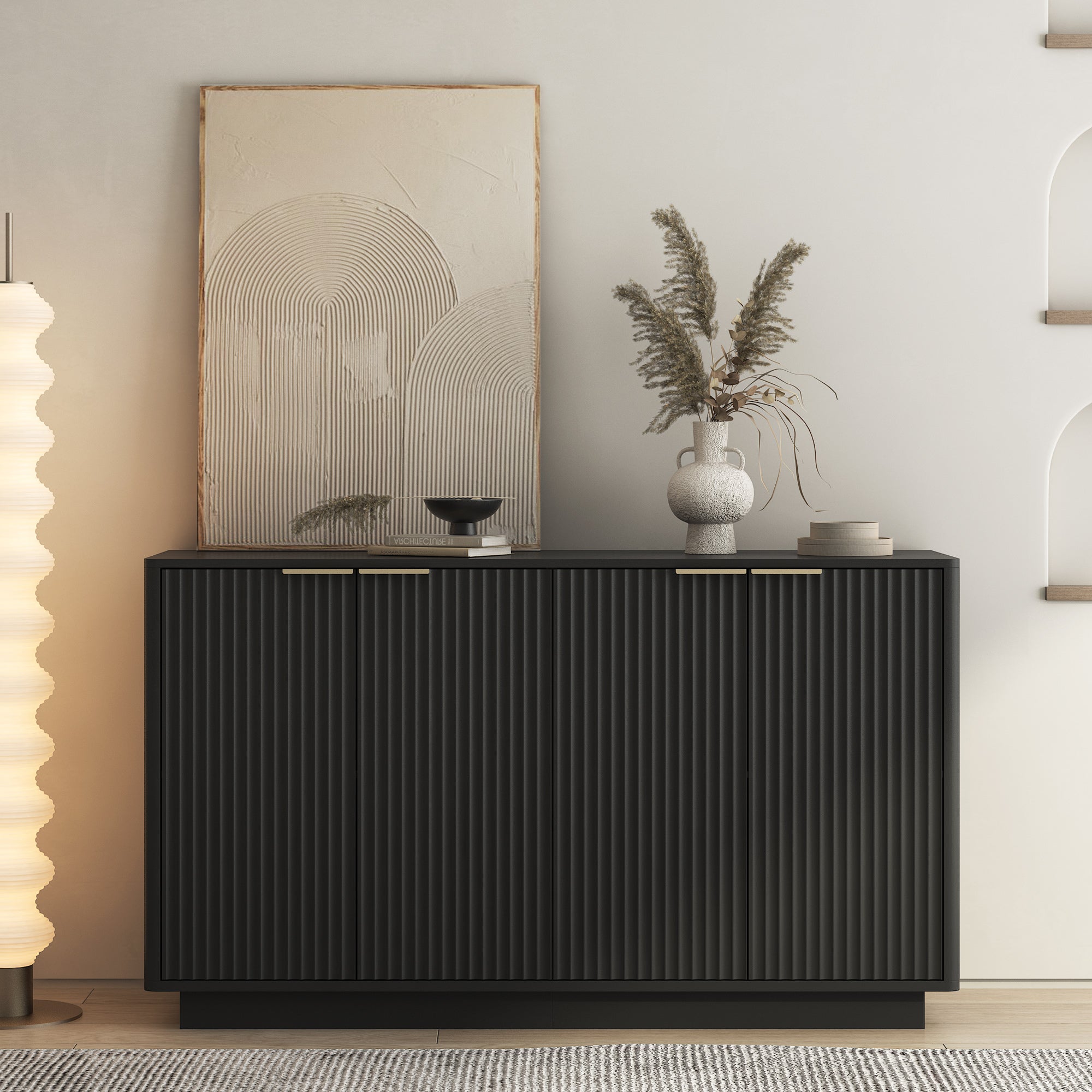 Fluted Sideboard Buffet 55 in, Black, 4 Doors & Adjustable Shelves