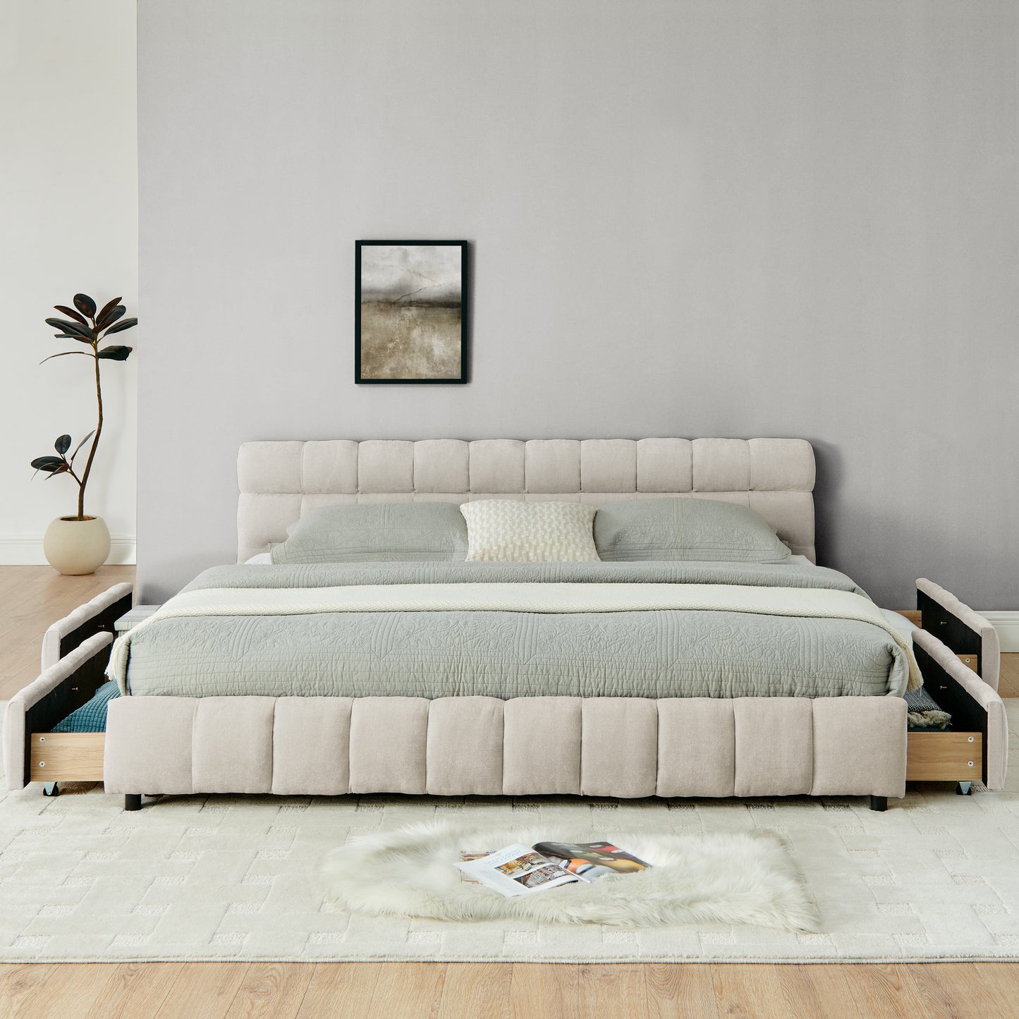 Front view of beige tufted chenille headboard and bed frame