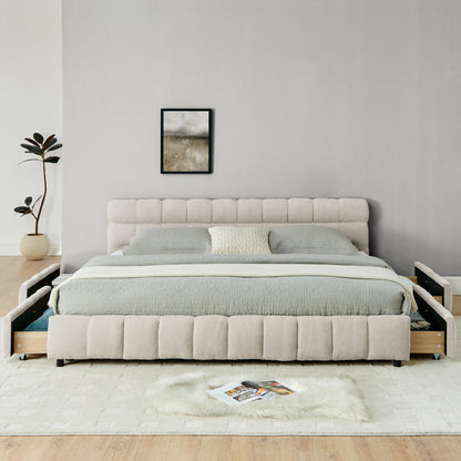 Front view of beige tufted chenille headboard and bed frame