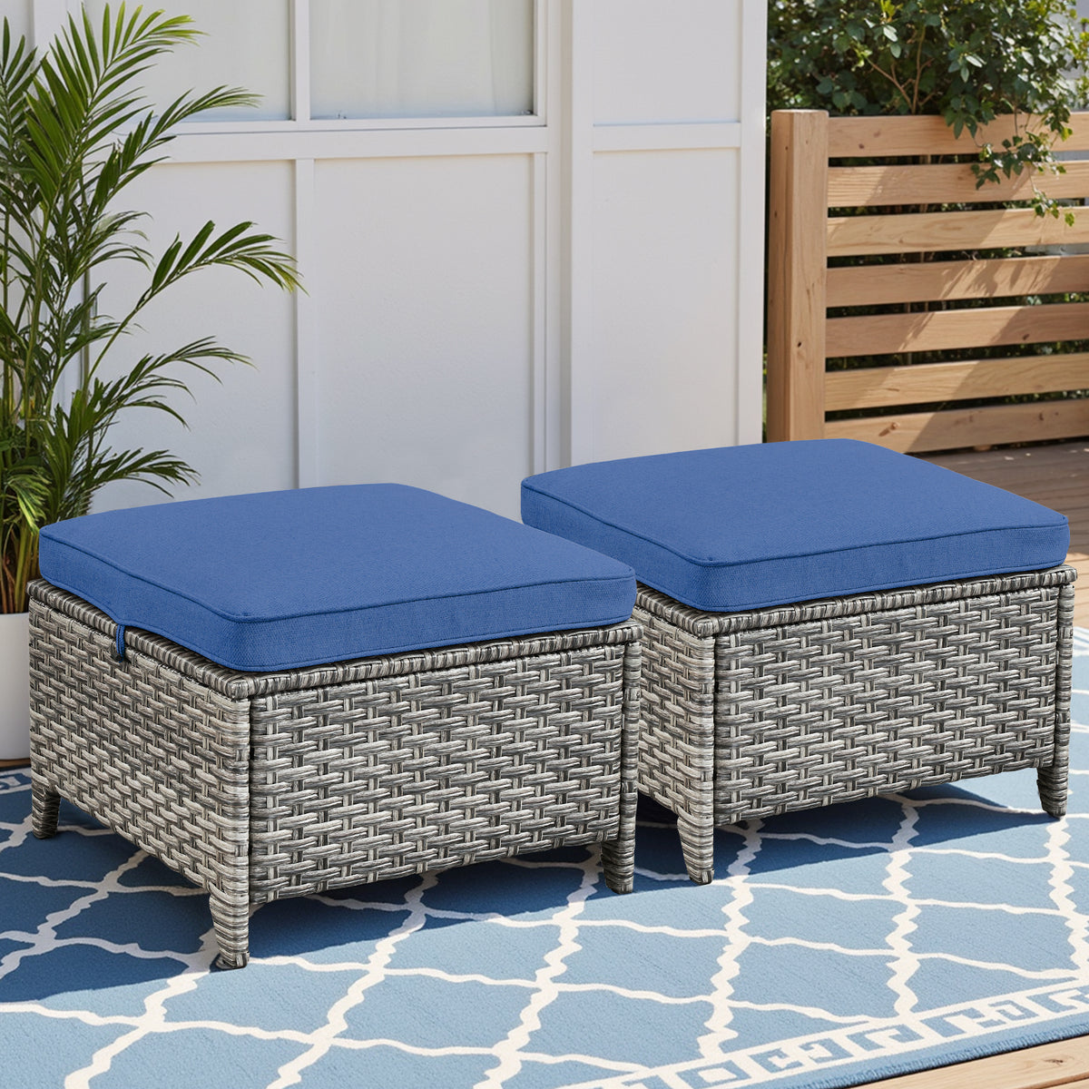 Wicker Outdoor Ottoman with Blue Cushions, Set of 2, 14.2 in Tall