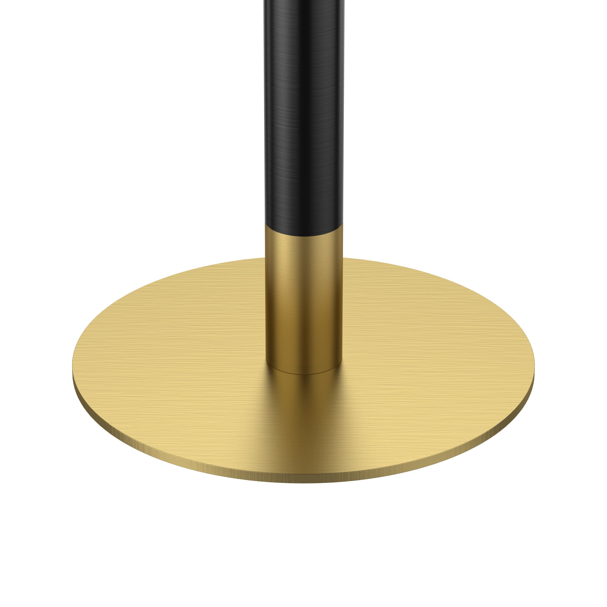 Close-up of the gold pedestal base and black column of the round dining table