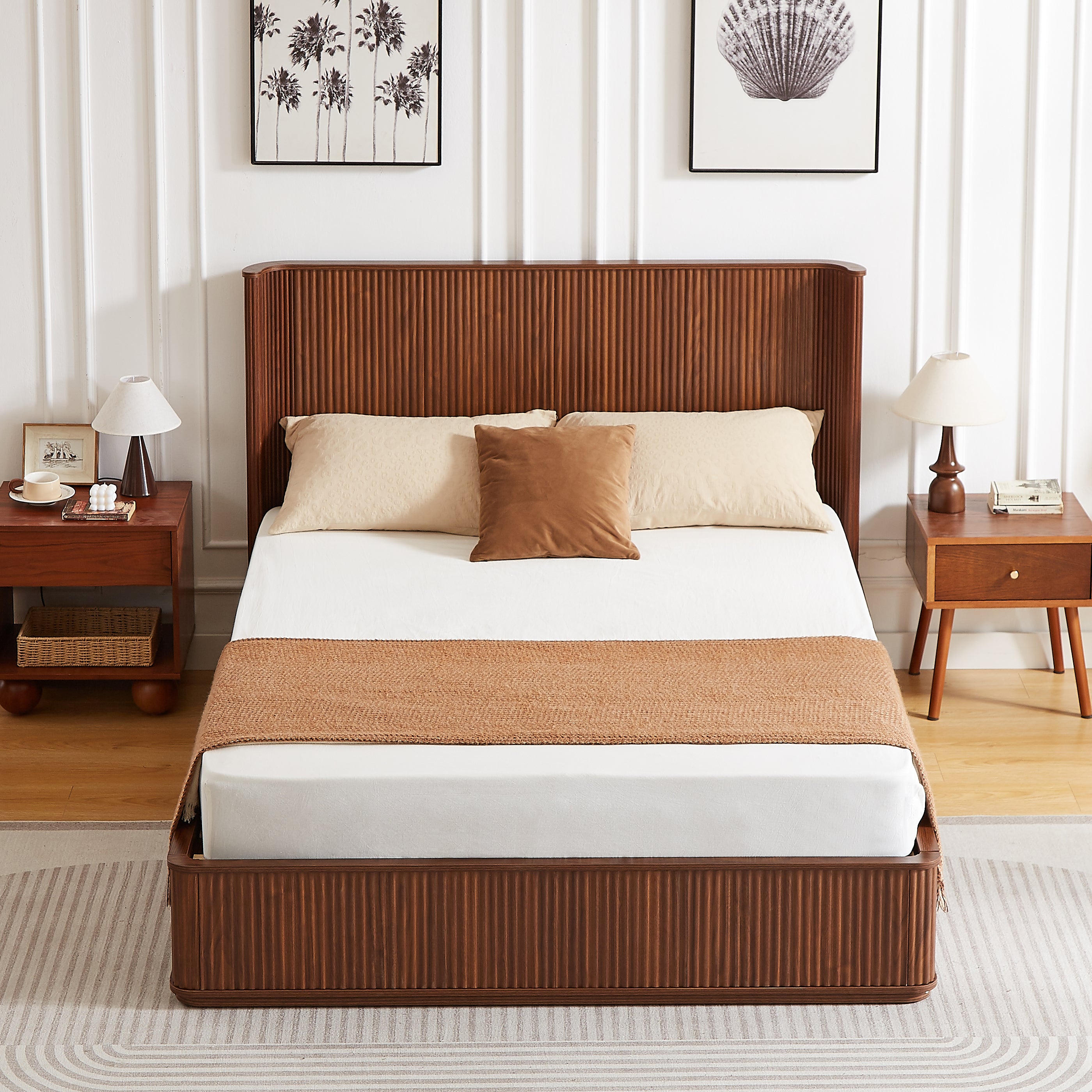 Front view of the deep walnut fluted headboard and footboard on the queen platform bed, dressed with neutral bedding #Color_Walnut