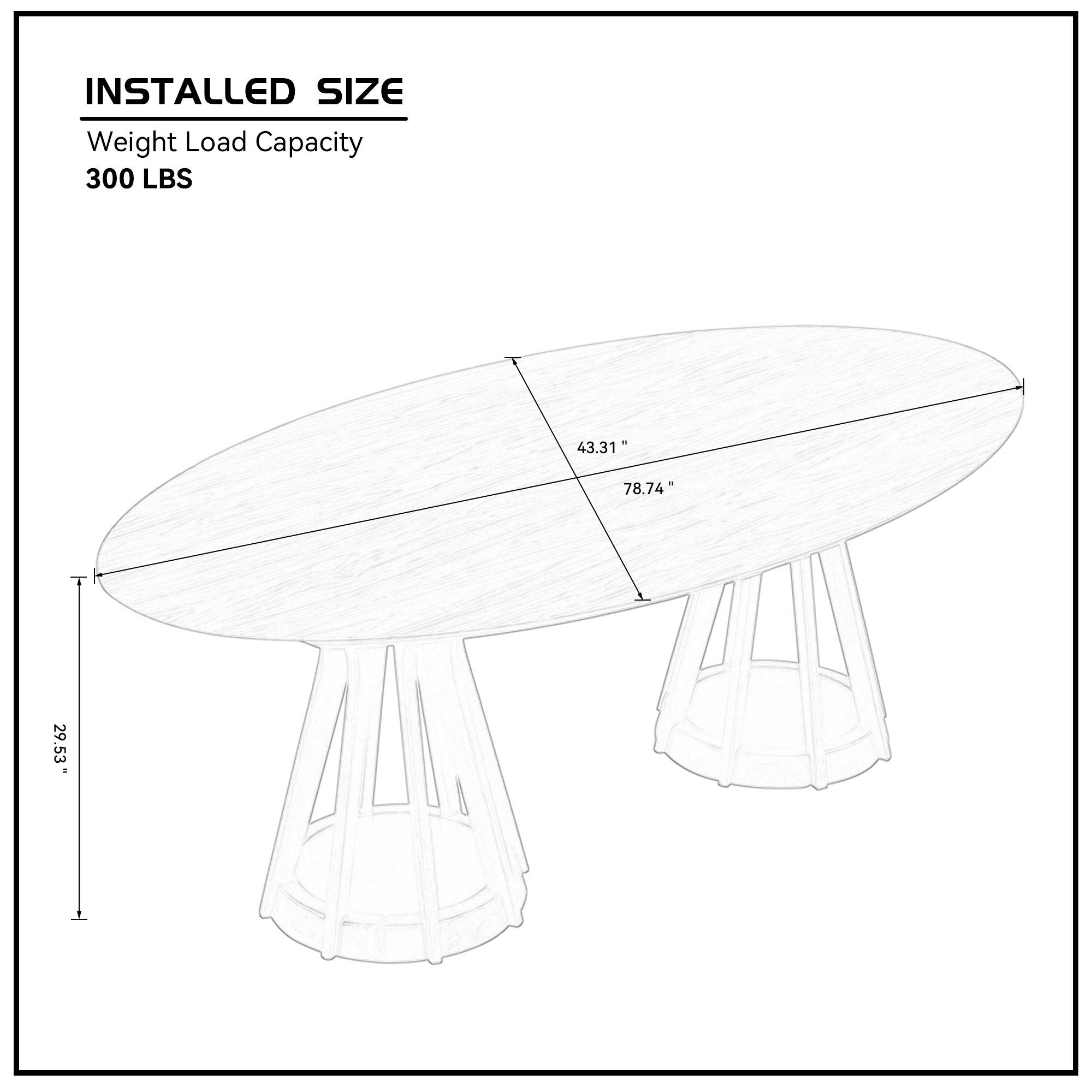 Dimension diagram of the oval pedestal dining table, 78.74 in by 43.31 in, 300 lb capacity