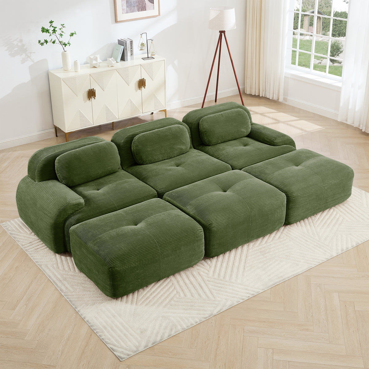 Olive Green Corduroy Modular 3-Seat Curved Sofa with 3 Ottomans