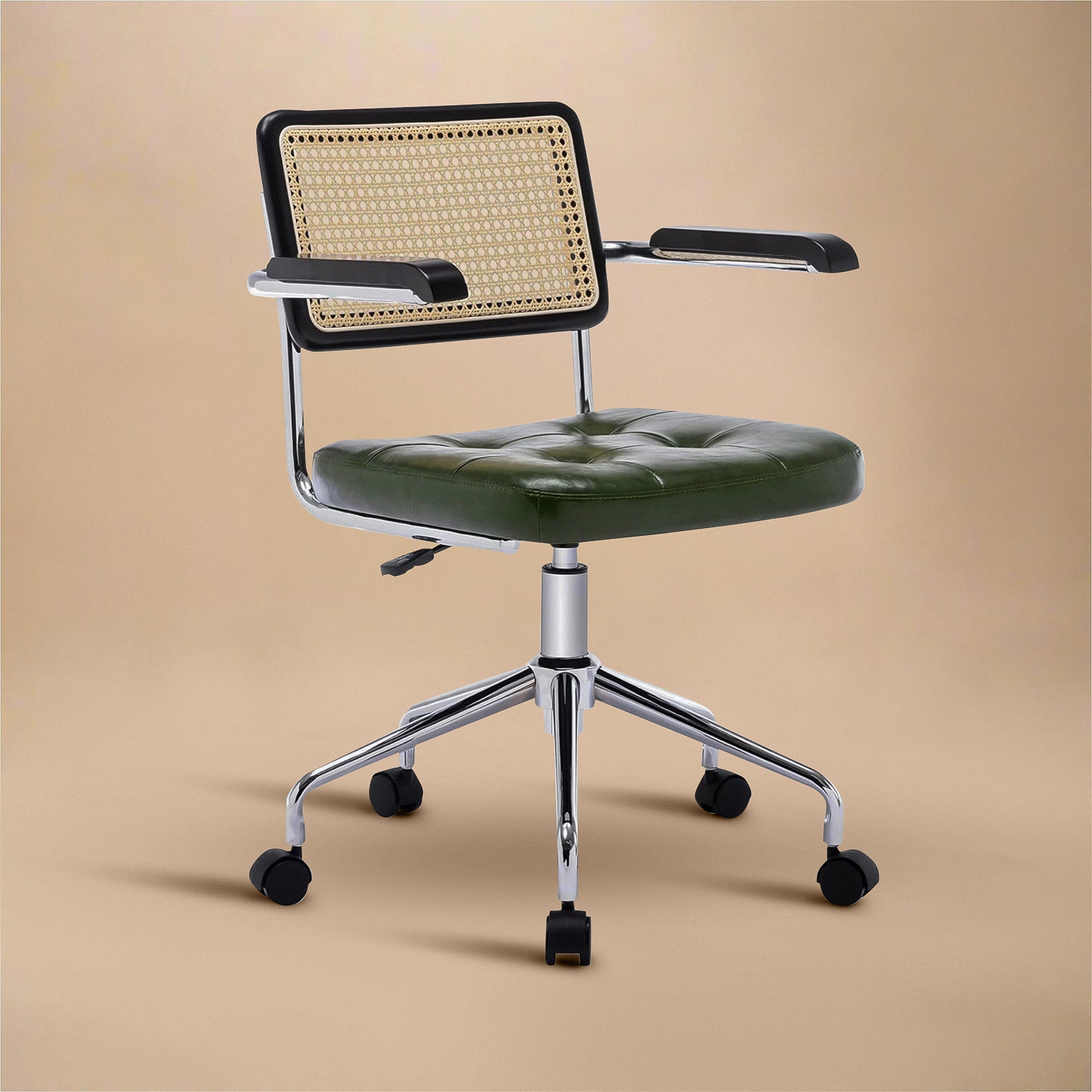 Mid Century Modern Desk & Office Chair, Handwoven Rattan & Green Vegan Leather